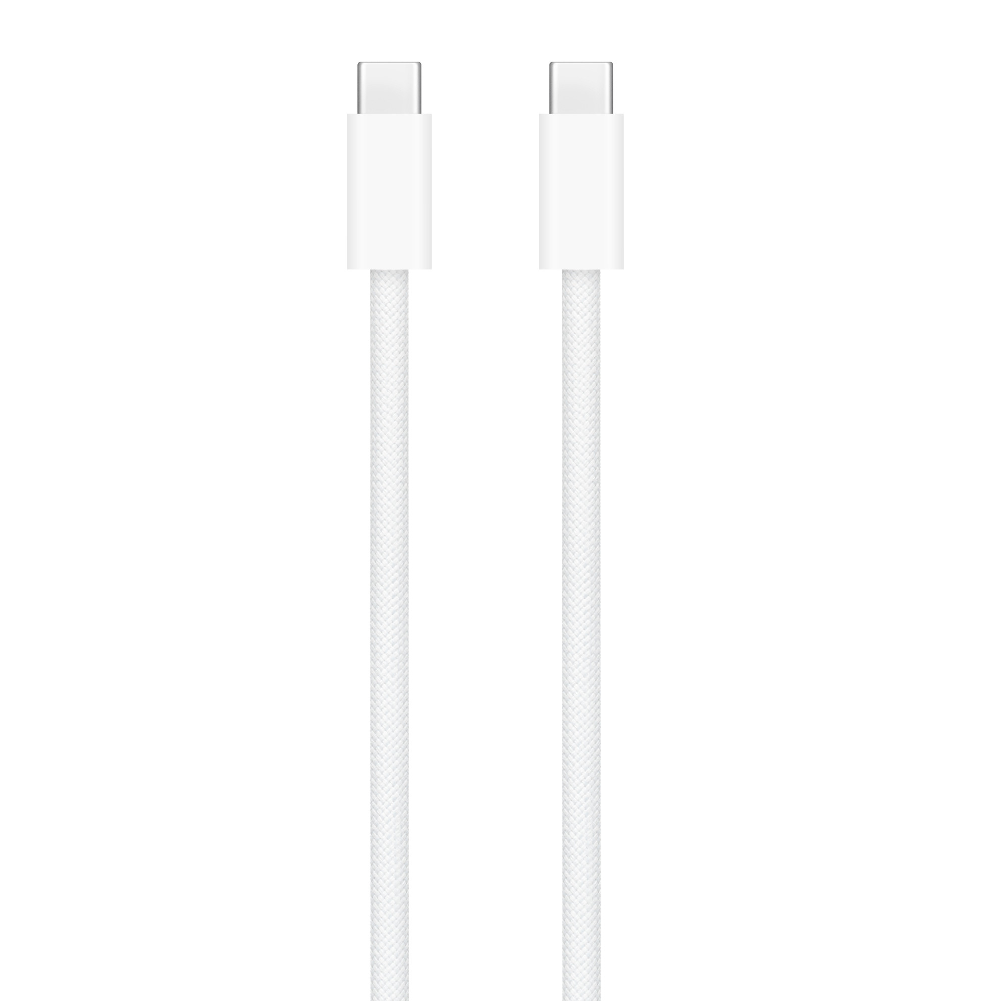 Beyaz bir arka plan üzerinde, her biri bir USB-C konektörüne sahip, yan yana iki beyaz USB-C kablosu.