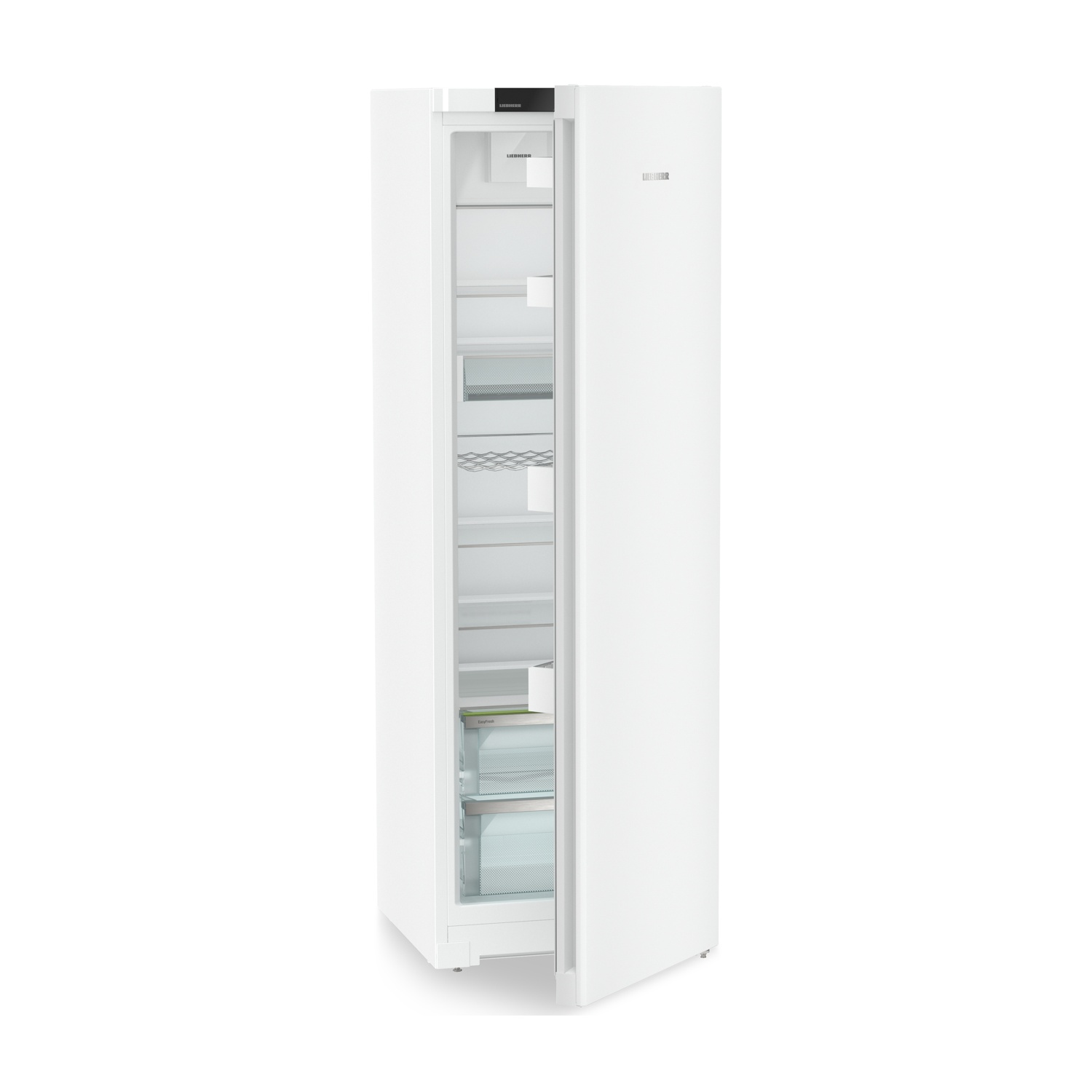 Frigorifero bianco con porta aperta. Interno con ripiani e cassetti, alcuni oggetti.