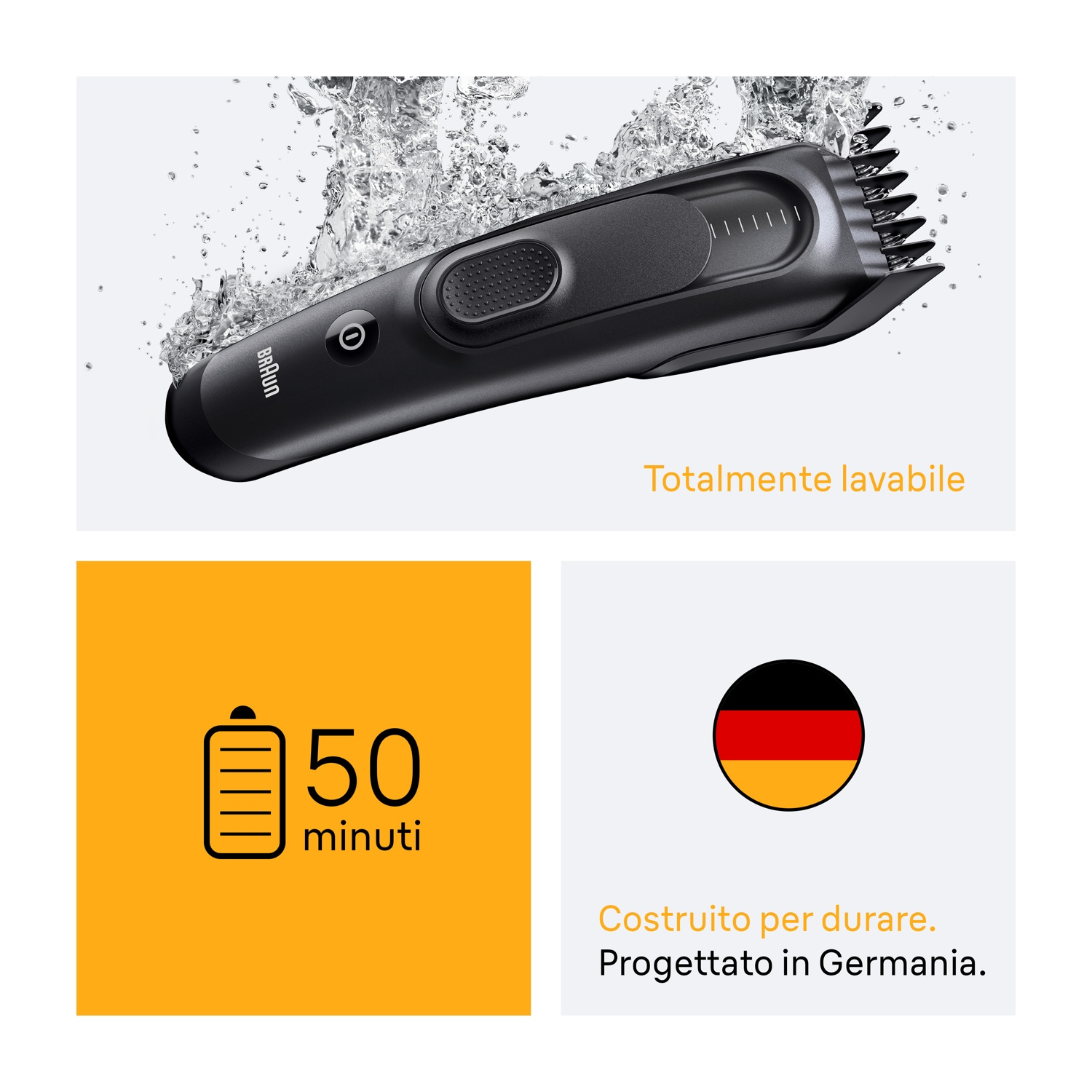 Tagliacapelli Braun nero con testo, durata della batteria e dettagli della bandiera tedesca.