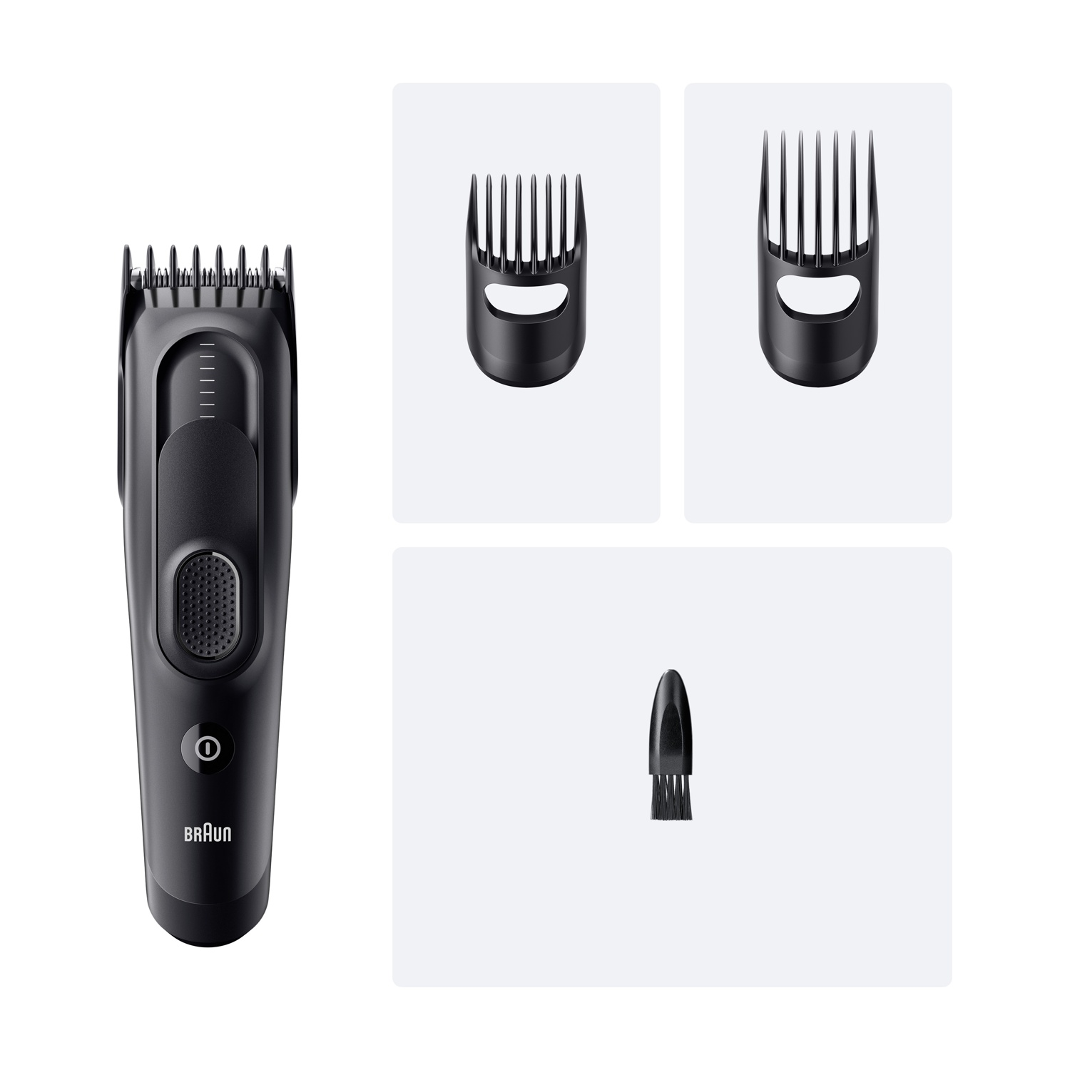 Tosatrice nera con accessori. Include protezioni e spazzola per la pulizia.