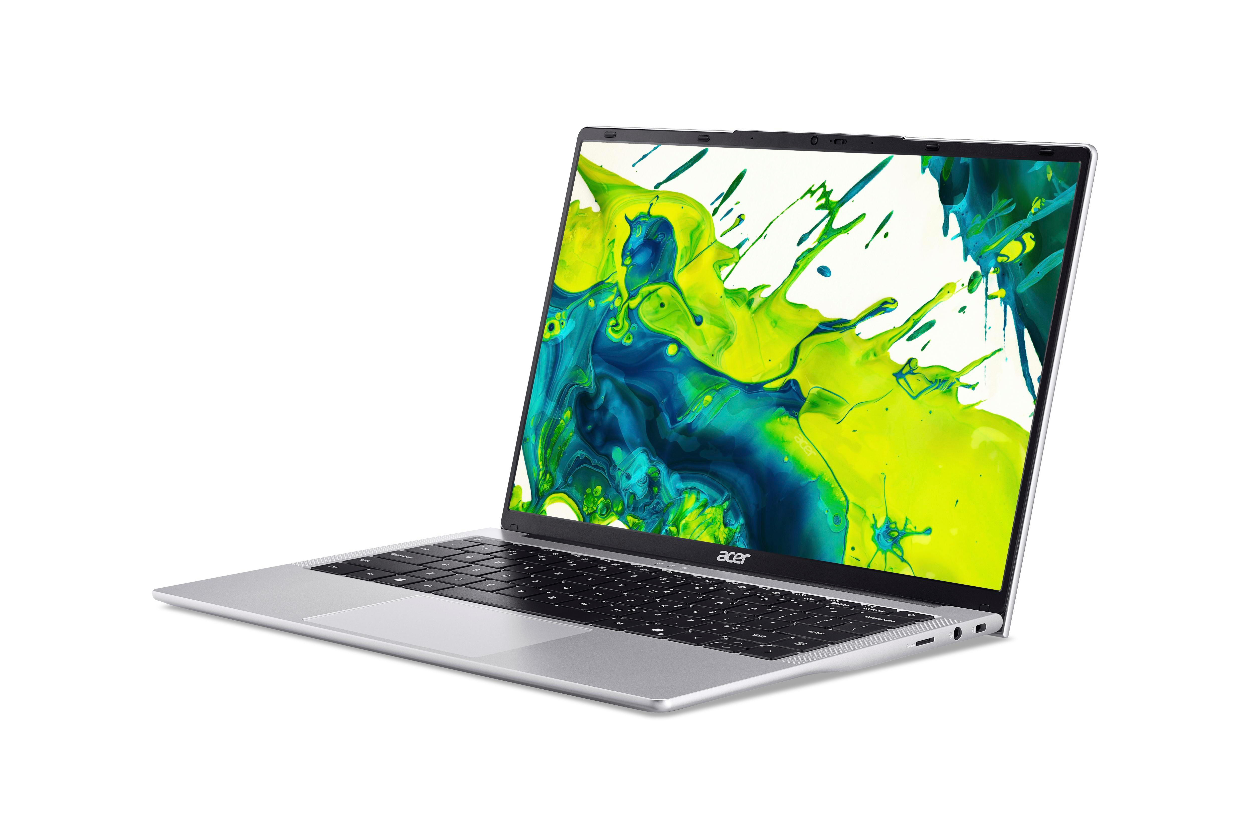 Silberner Laptop mit farbenfrohem Spritzer auf dem Bildschirm. Der Laptop ist offen.