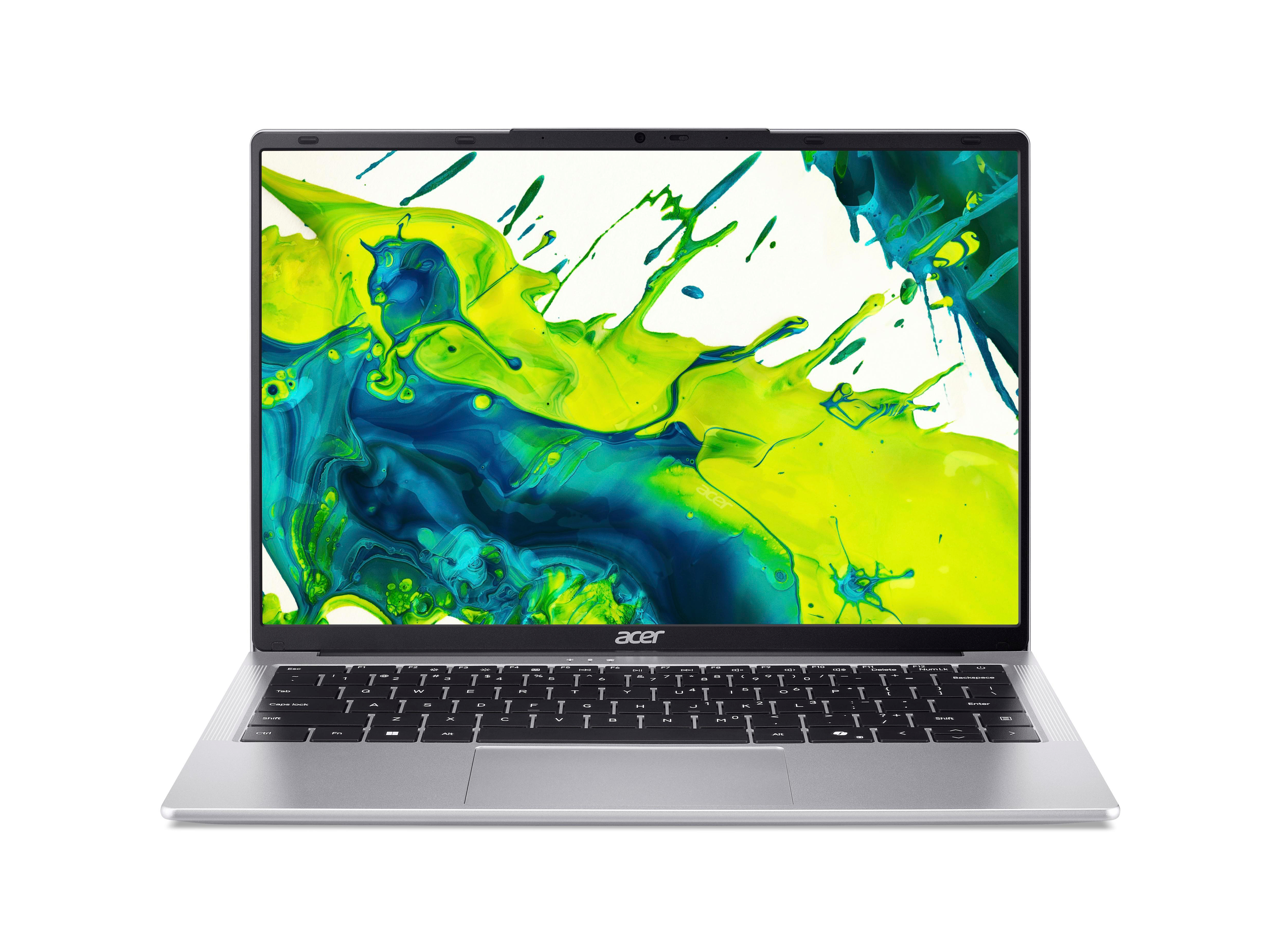 Laptop vor weißem Hintergrund, Bildschirm zeigt farbenfrohe abstrakte Kunst. Acer-Logo unten.