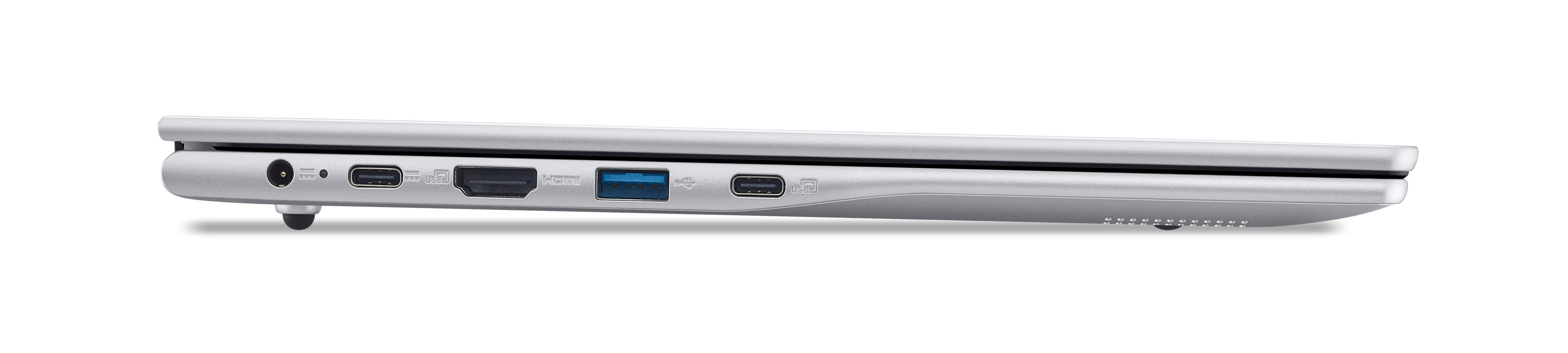 Seitenprofil eines silbernen Laptops, das Anschlüsse für Strom, USB und HDMI vor weißem Hintergrund zeigt.