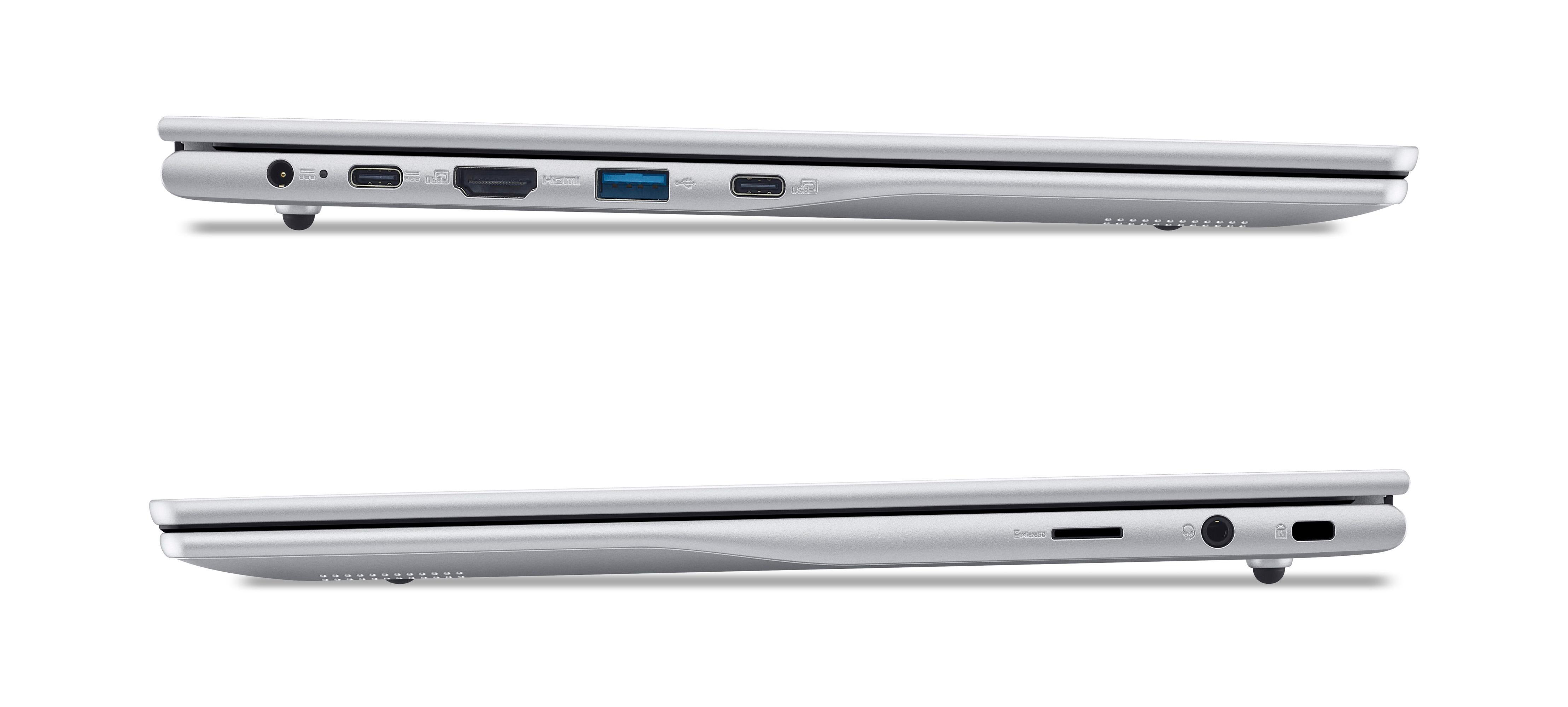 Zwei Ansichten eines silbernen Laptops, die Anschlüsse an den Seiten zeigen, auf weißem Hintergrund.