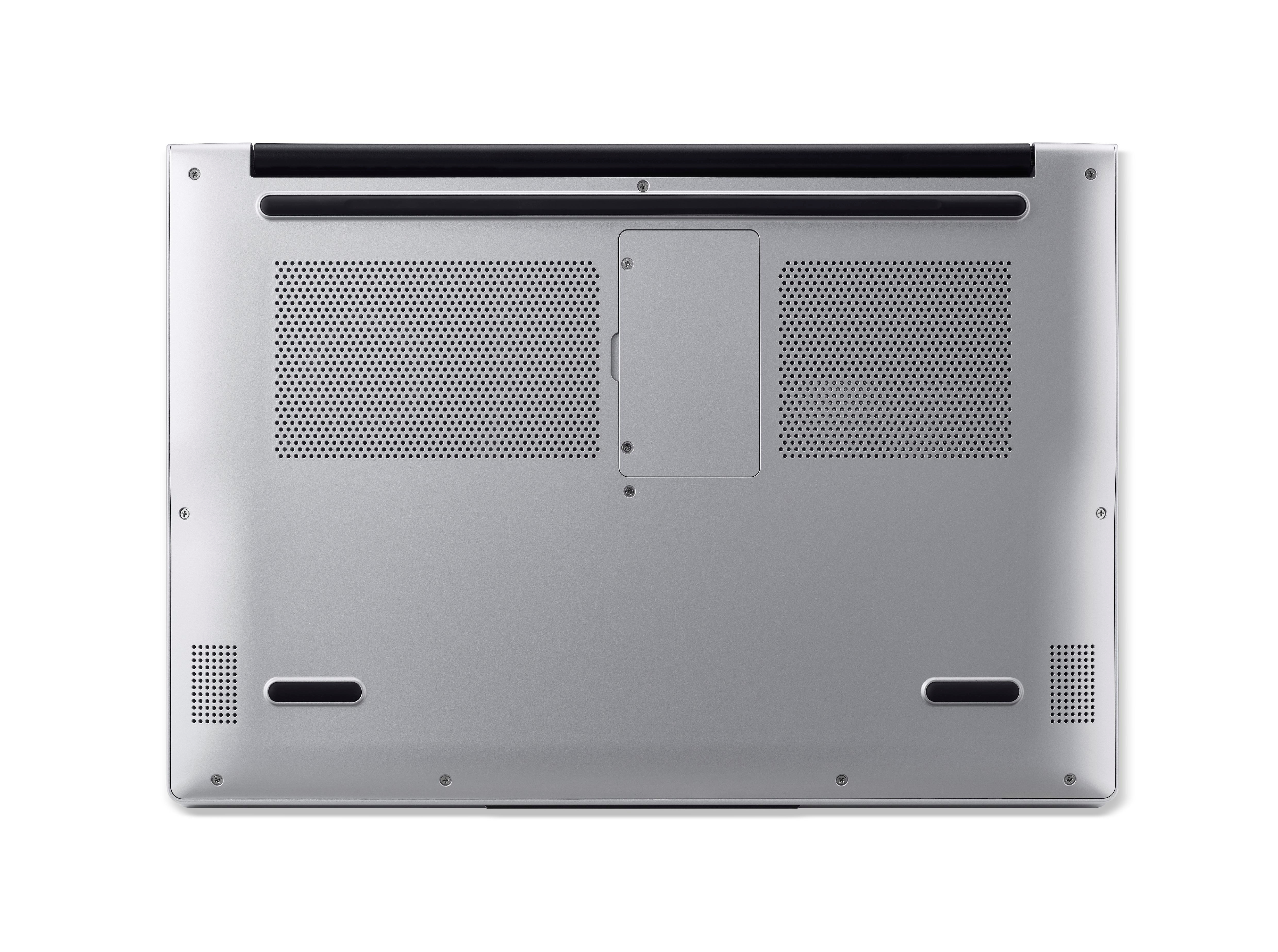 Die Unterseite eines silbernen Laptops. Merkmale sind Belüftungslöcher und ein zentrales Panel.