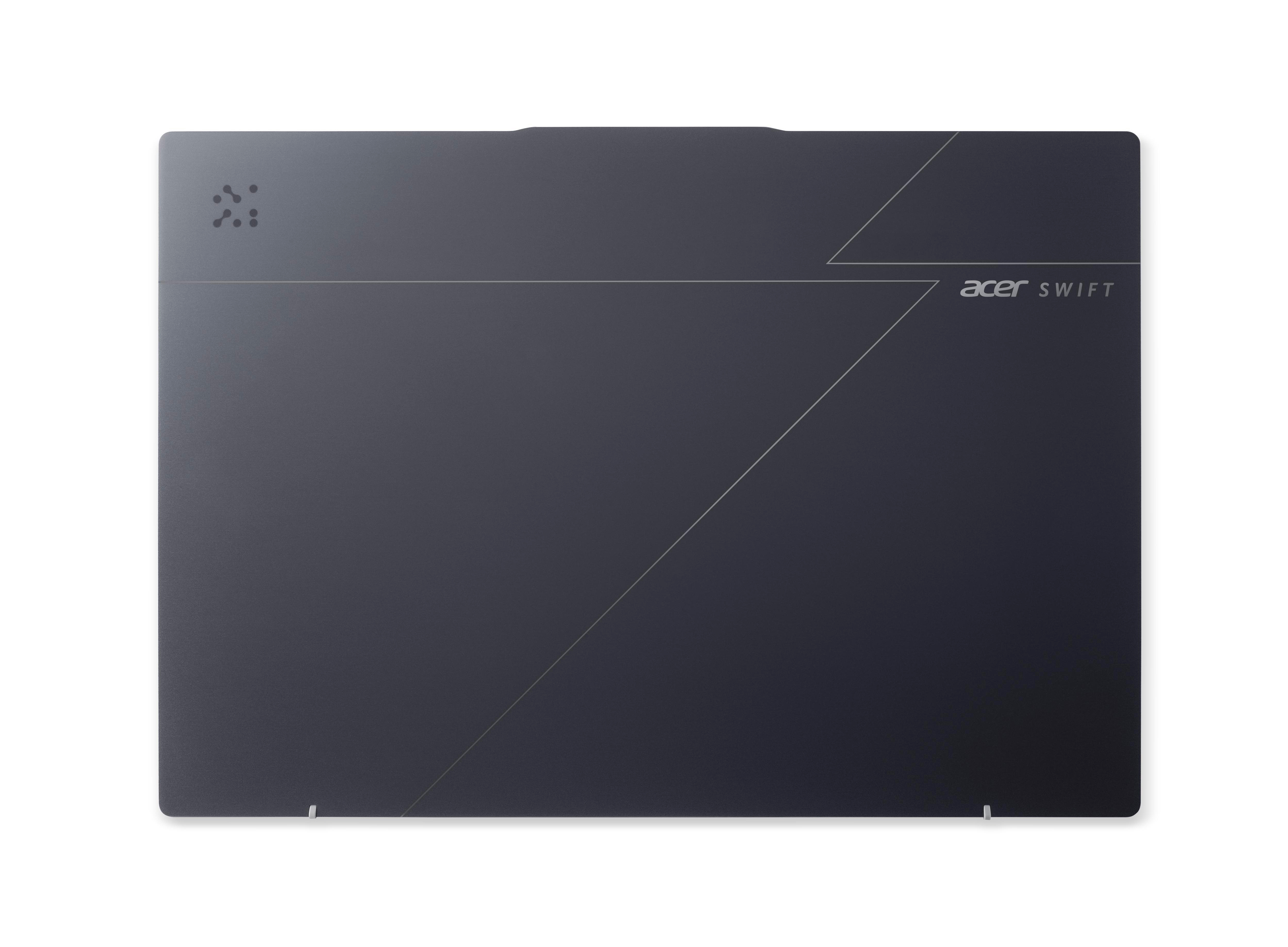 Dunkelgrauer Laptop von oben, mit Acer Swift Logo und Designmuster auf der Oberfläche.