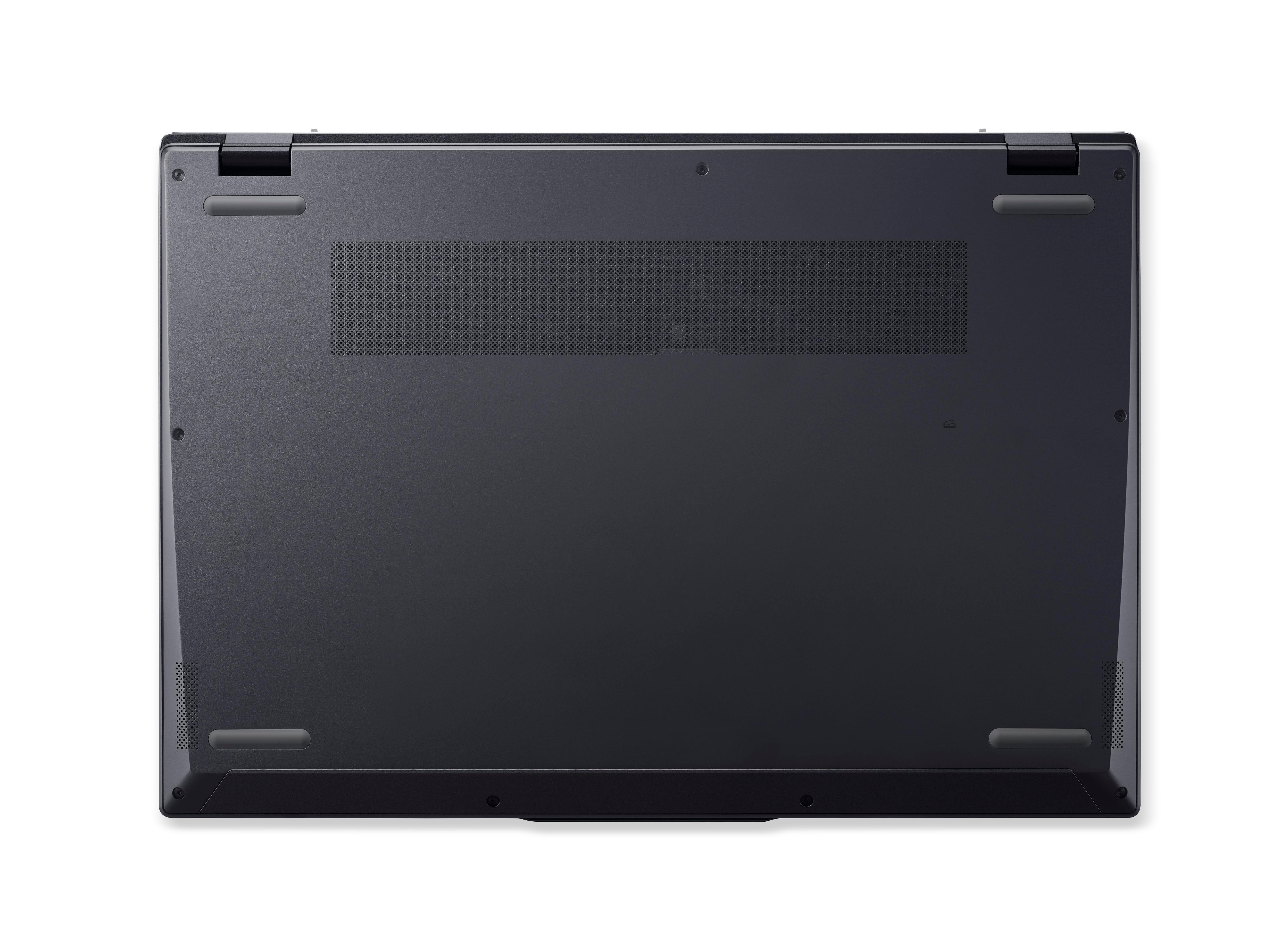 Laptop-Unterseite. Zeigt Belüftungslöcher, Gummifüße und eine dunkelgraue Farbe.