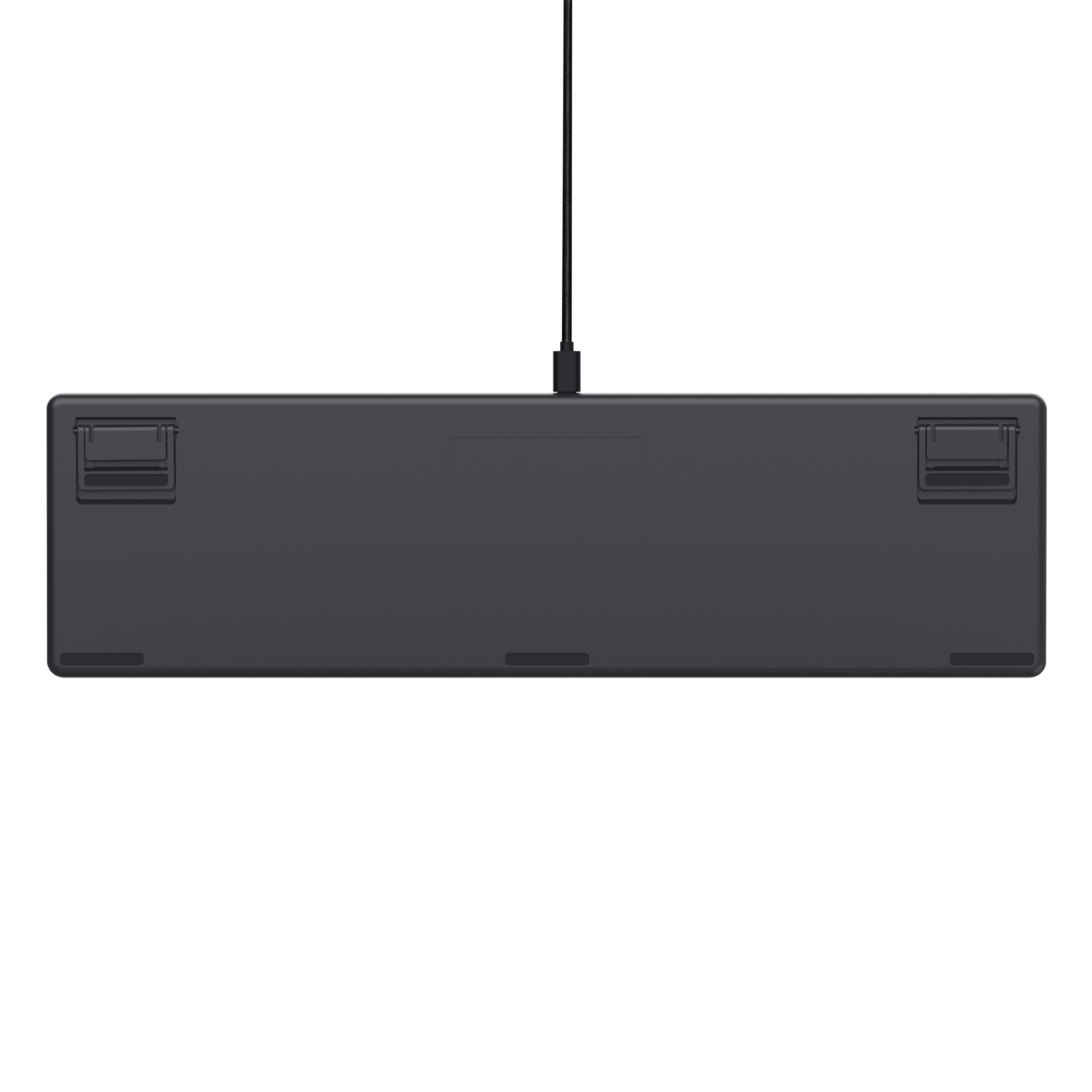 Een donkergrijs toetsenbord, van bovenaf gezien. Het toetsenbord heeft een USB-C-kabel en twee uitklapbare voetjes.