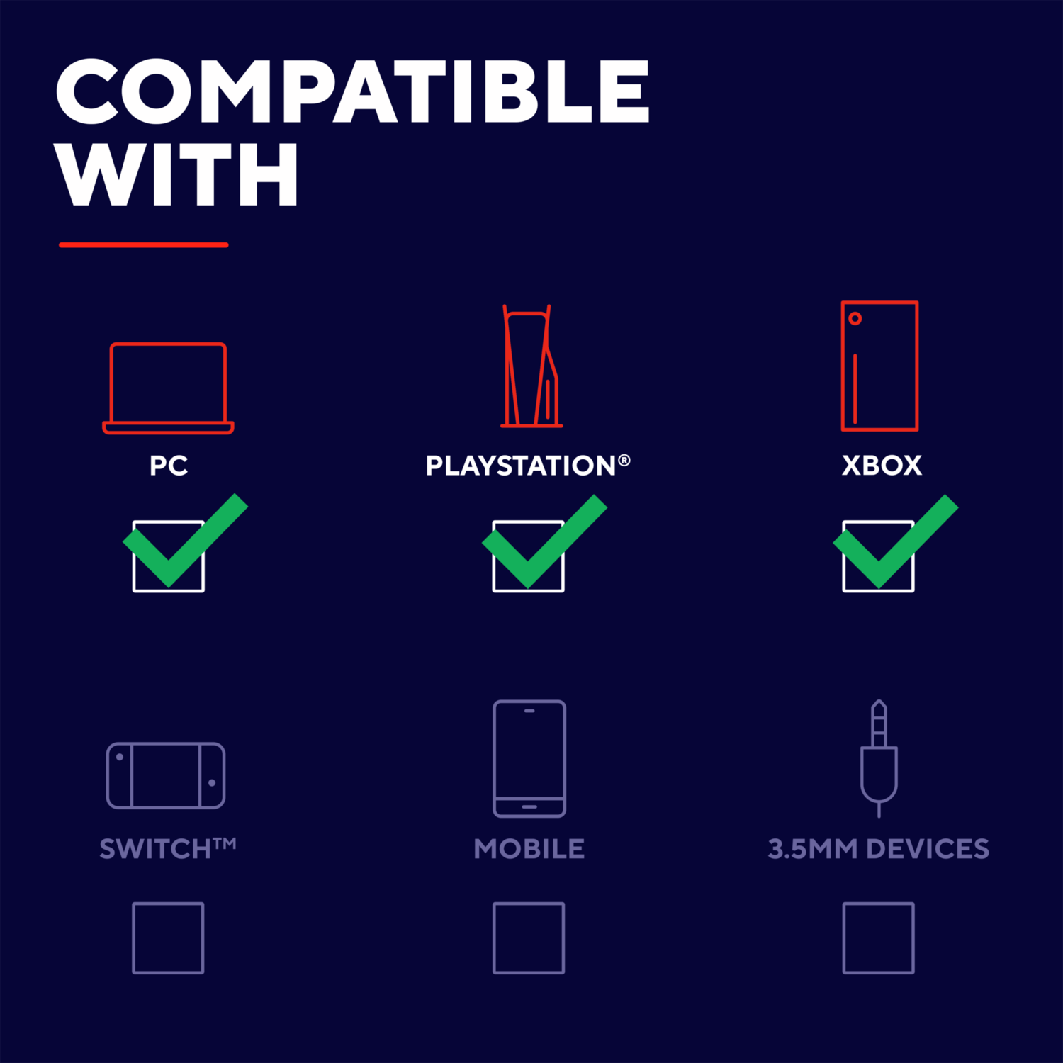 Pictogrammen tonen compatibiliteit met pc, PlayStation, Xbox, Switch, Mobiel en 3,5 mm apparaten, met vinkjes.