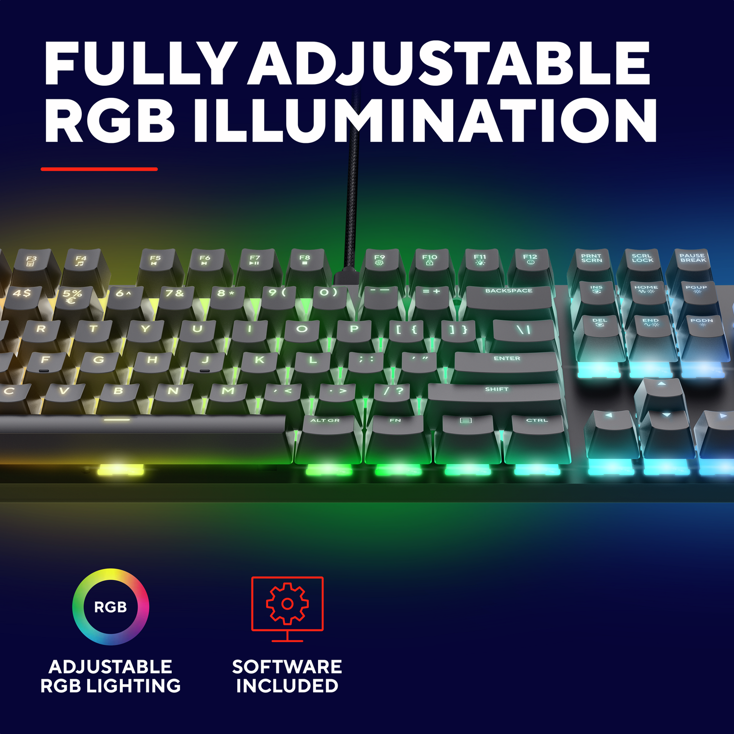 Zwart toetsenbord met RGB-verlichting. Tekst: Volledig instelbare RGB-verlichting, instelbare RGB-verlichting en software inbegrepen.