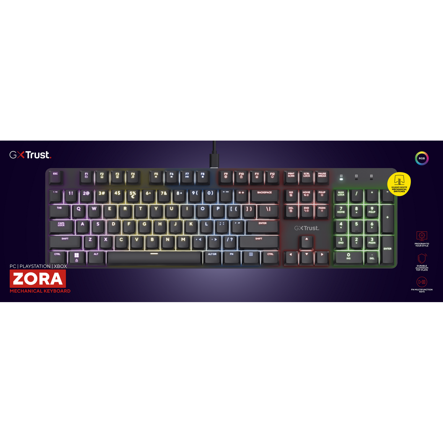 Zwart en gekleurd toetsenbord met verlichte toetsen en het Trust Zora logo.