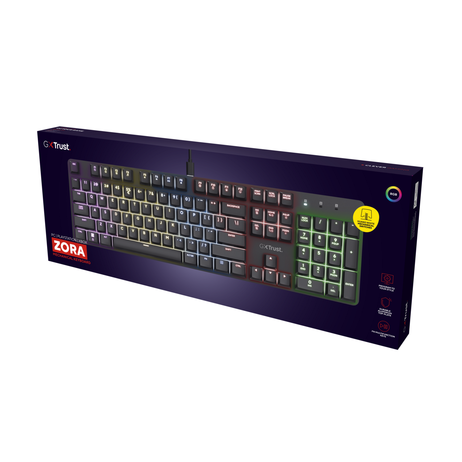 Een toetsenbord in een doos met RGB-verlichting, met een zwart toetsenbord en kleurrijke toetsen.