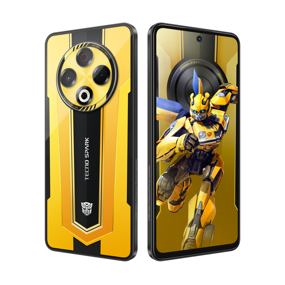 Her iki tarafında Transformers tasarımı olan akıllı telefon; Bumblebee görüntüsüyle sarı ve siyah.