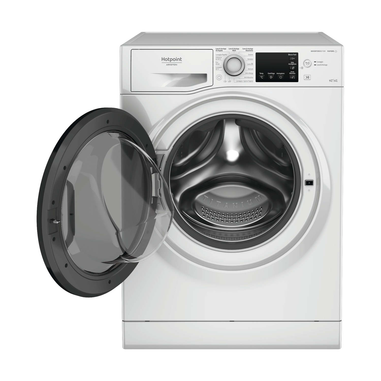 Lavatrice Hotpoint Ariston bianca, porta aperta, su sfondo bianco.