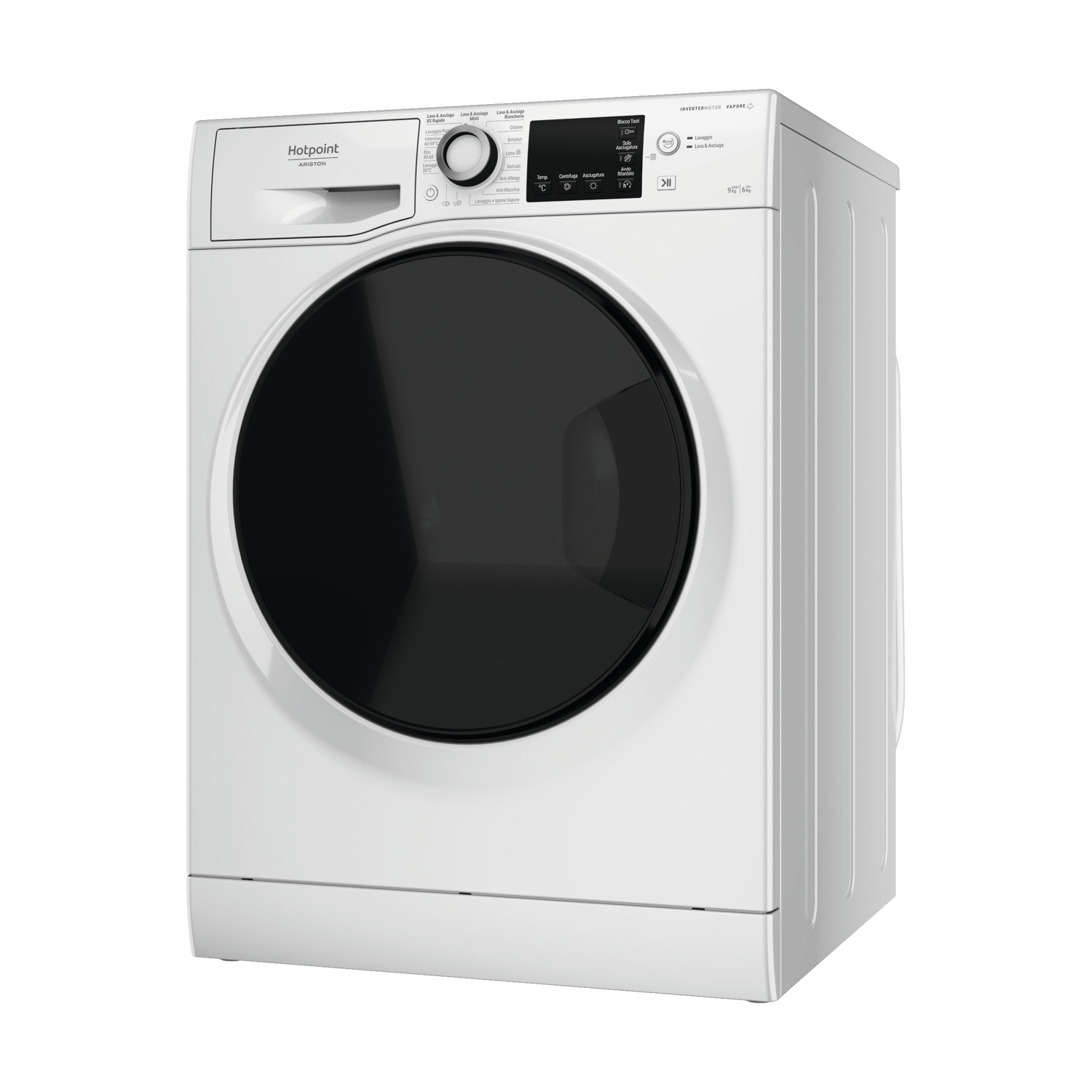 Lavatrice Hotpoint bianca con porta nera e pannello di controllo.