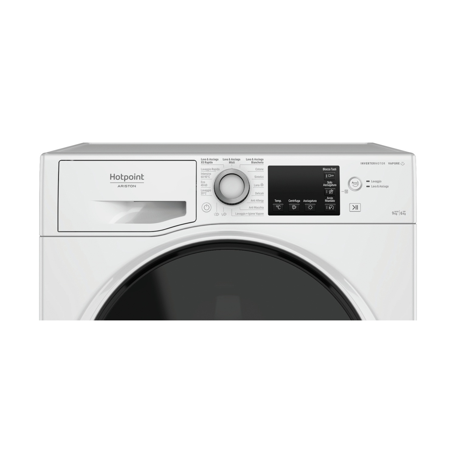 Pannello di controllo della lavatrice con vari pulsanti e un display, sfondo bianco.