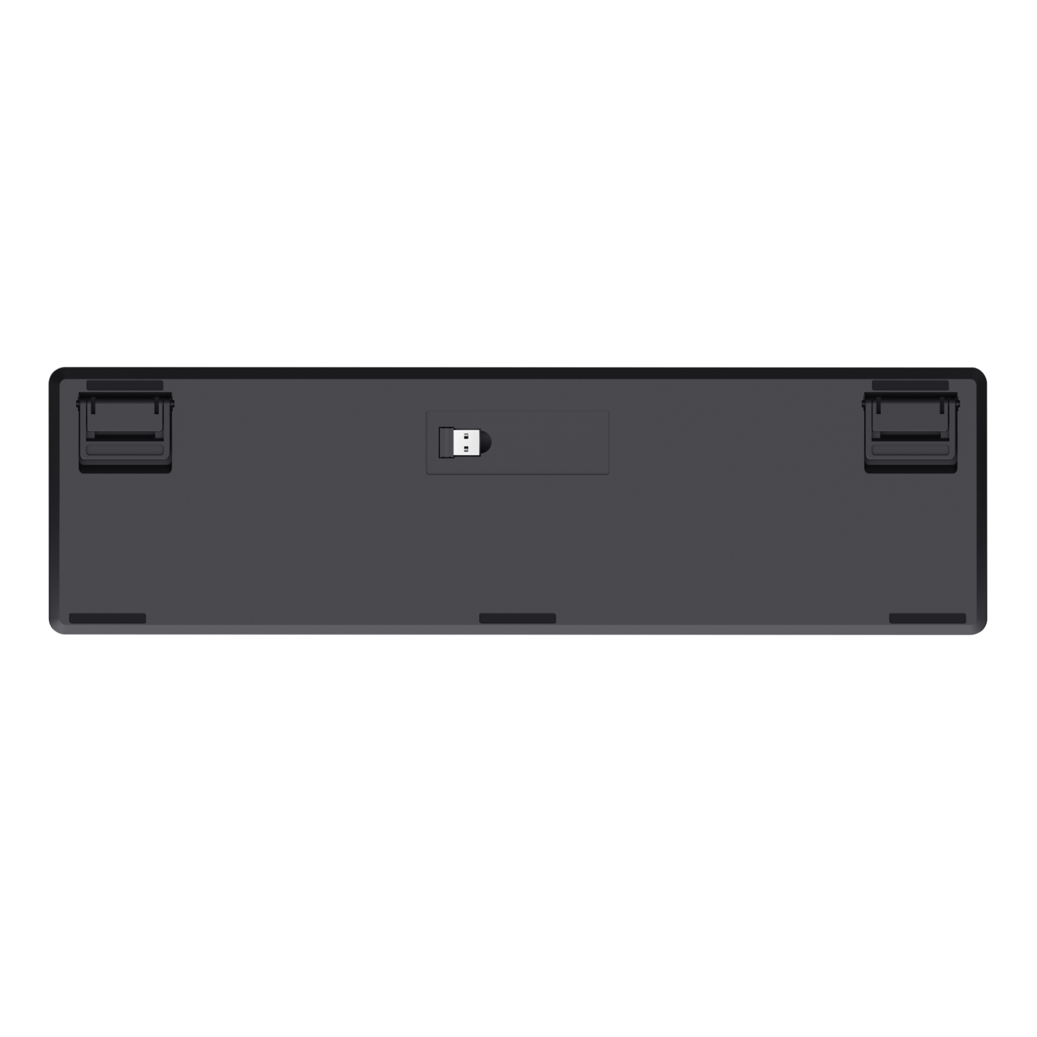 The bottom of a dark gray keyboard with two stands on each side and a USB port.