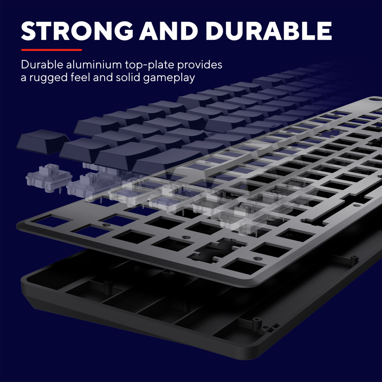 An exploded view of a black keyboard showing the internal layers and keys, highlighting durability.