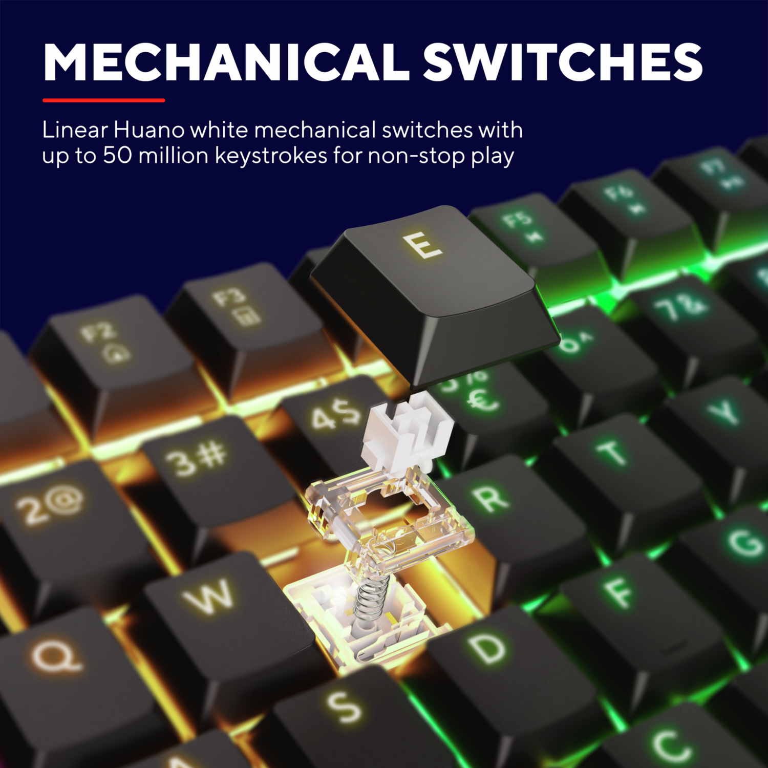 Keyboard with mechanical switches and an exploded view of a key. Backlit keys.