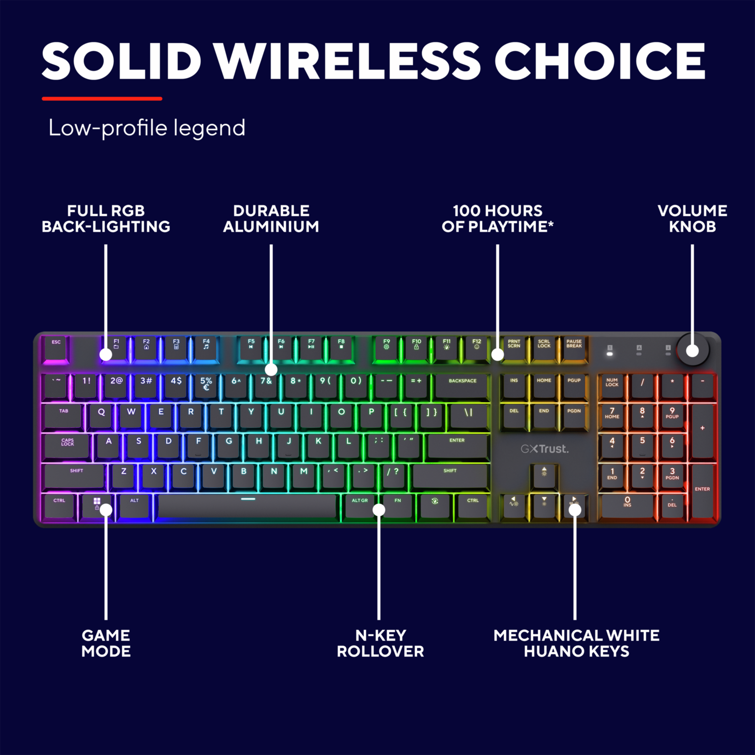 RGB keyboard with many buttons and labels. The keyboard is black.