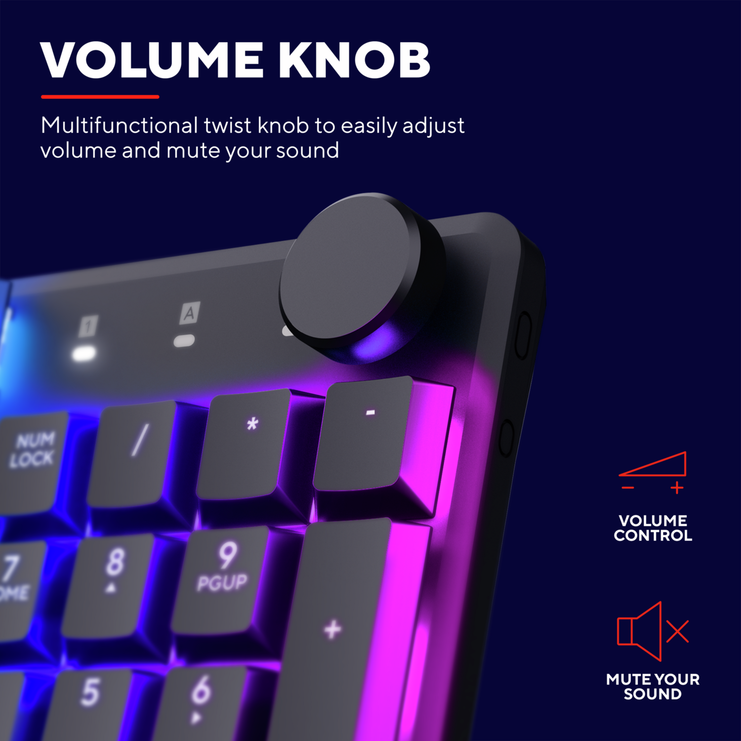 A black keyboard with a volume knob and pink and purple lighting.