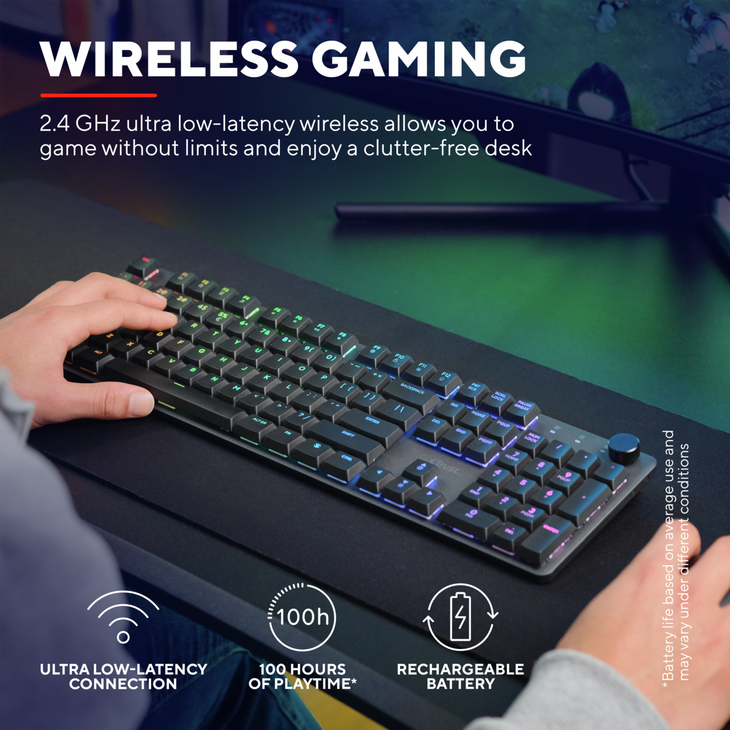 A black keyboard with colored keys. The picture also includes text about wireless gaming.