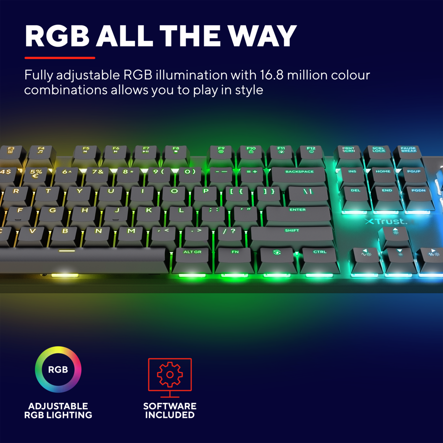 A black keyboard with RGB lighting. The text reads, RGB ALL THE WAY. Adjustable RGB lighting.