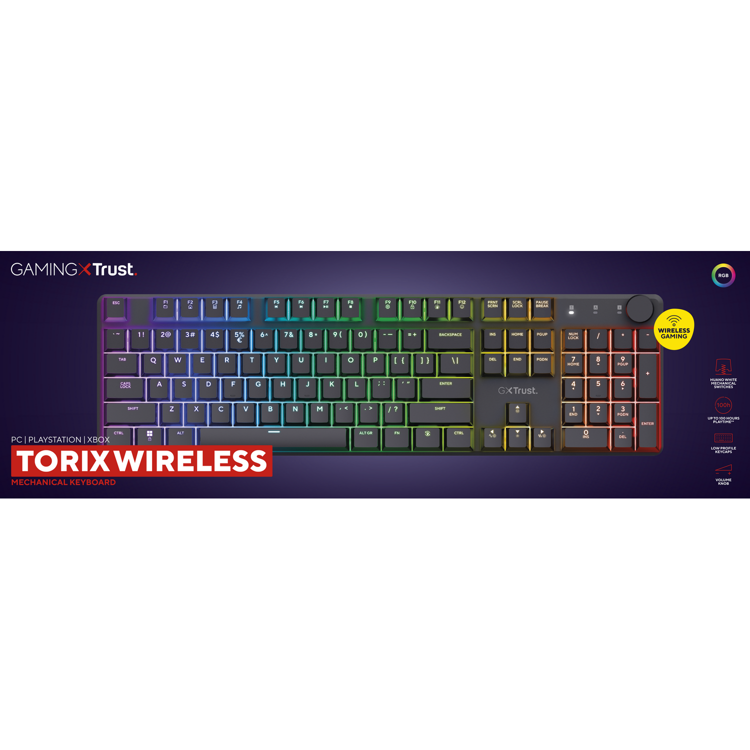 A black and multi-colored keyboard, with the brand Trust visible.