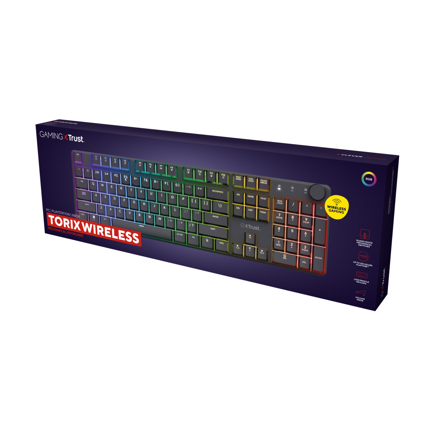 Gaming keyboard in box, black, RGB lights, wireless.