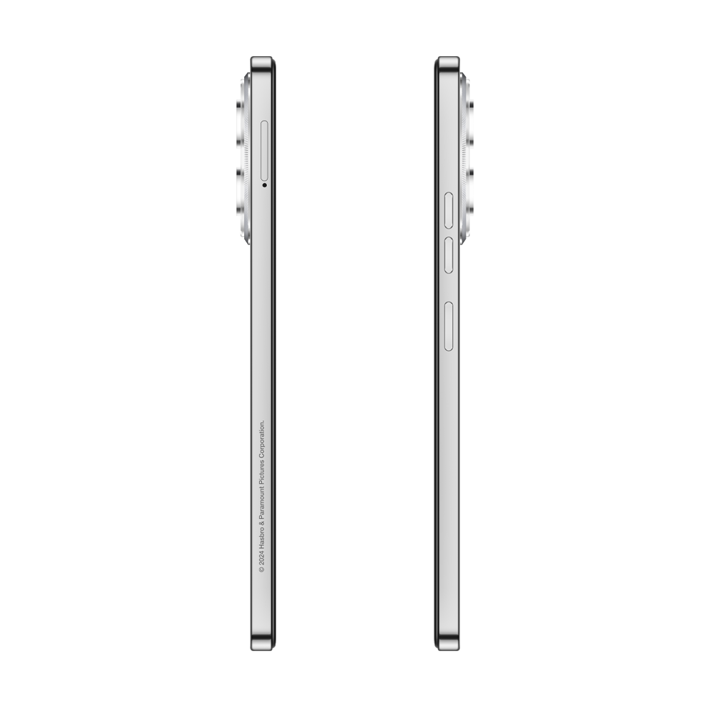Yan yana iki gümüş telefon. Telefonların yanında kameralar ve düğmeler var. Siyah arka plan.