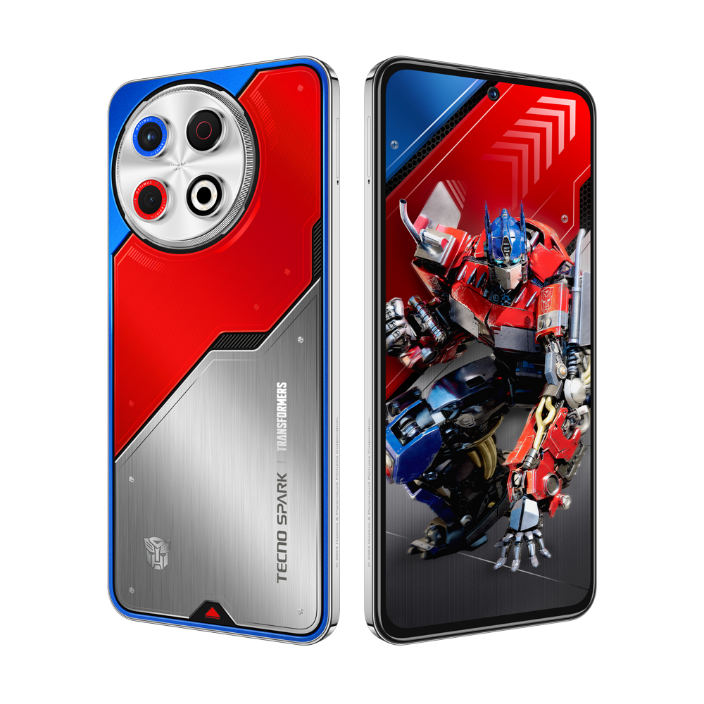 Transformers temalı kırmızı, mavi ve gümüş renkli bir telefon.