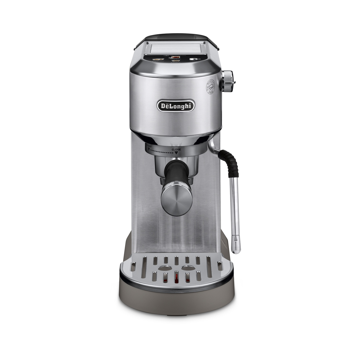 Stainless steel De'Longhi espresso machine with a silver base.