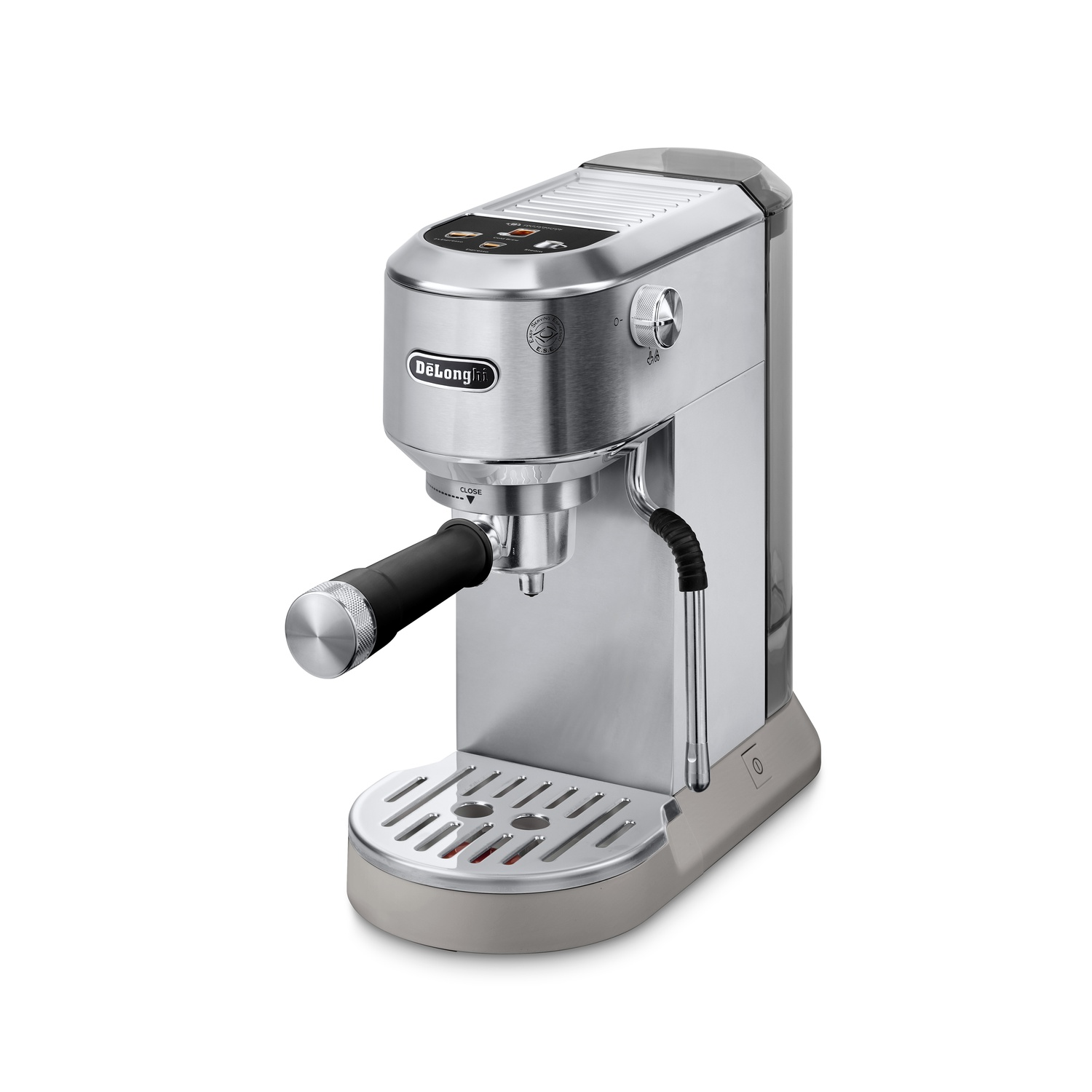 A silver and gray espresso machine. It has a black handle and water reservoir.