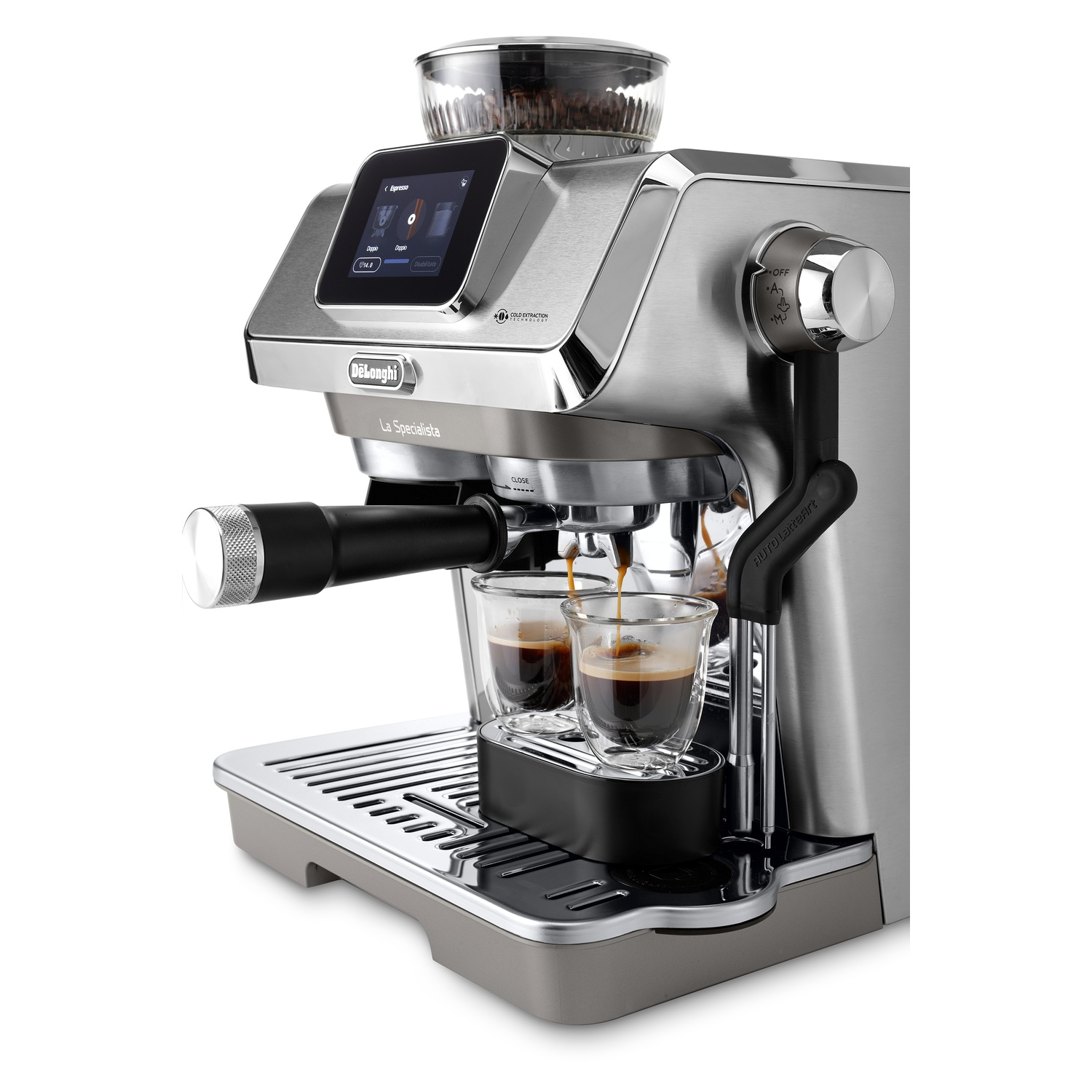A De'Longhi La Specialista coffee machine brewing espresso into glass cups.