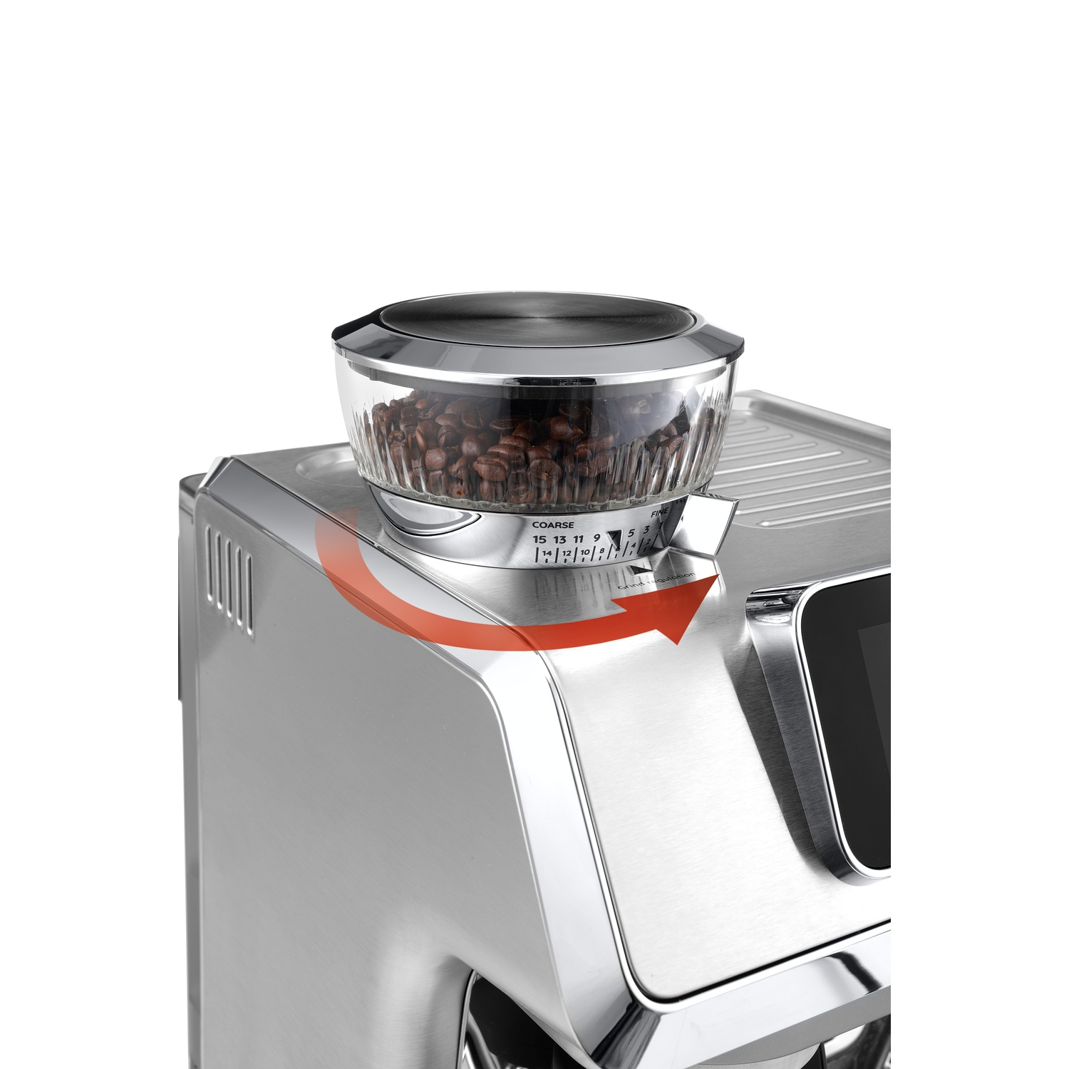 Close-up of a coffee machine with a glass container of beans, with an arrow showing the grind setting.