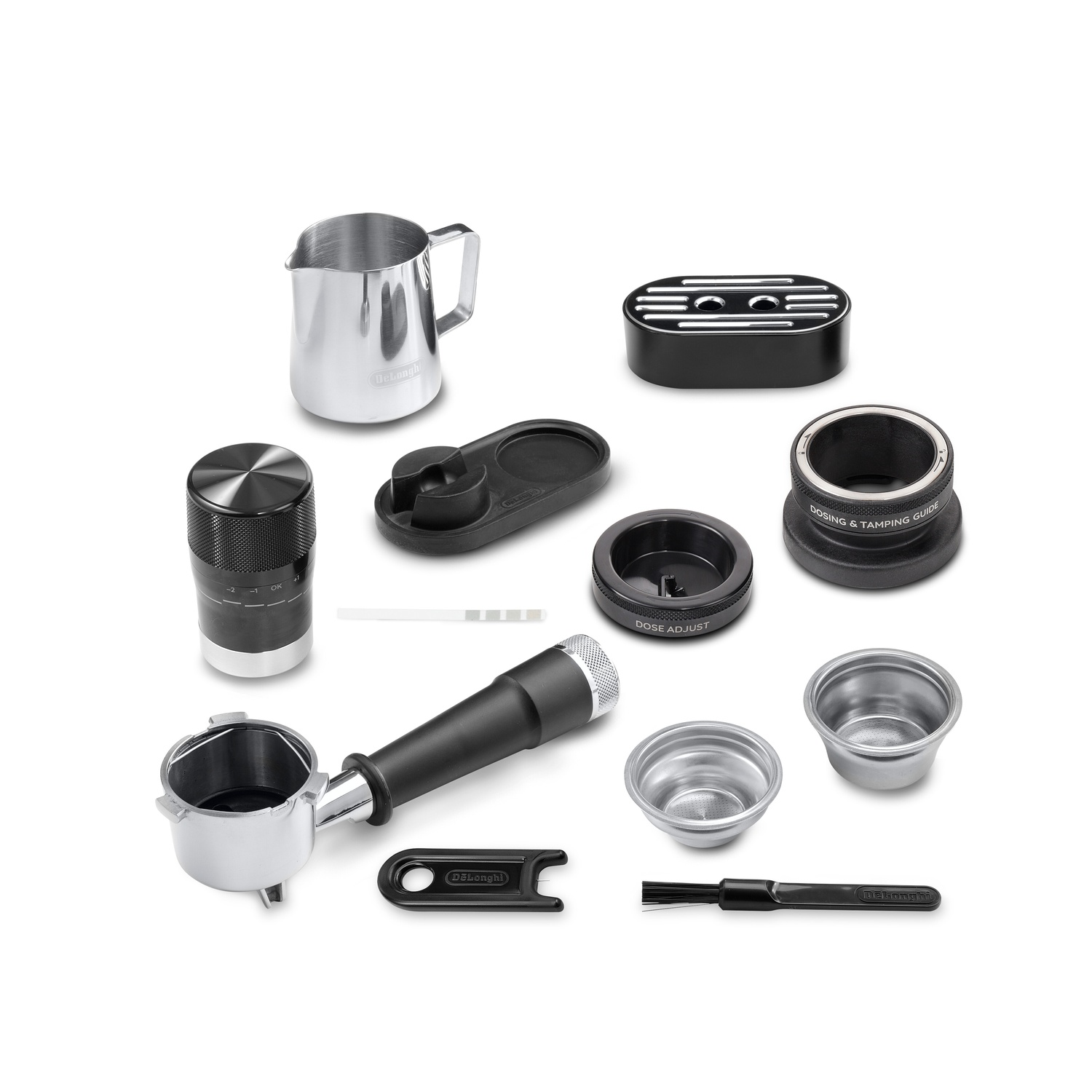 Various DeLonghi espresso machine parts arranged on white surface.