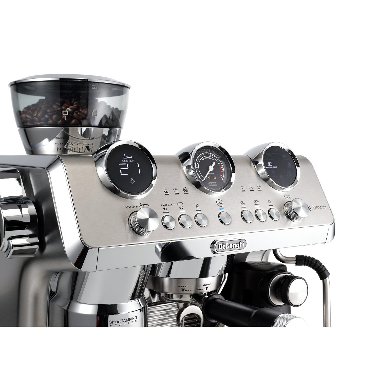 A silver espresso machine with multiple gauges, buttons, and a bean container, on a white background.