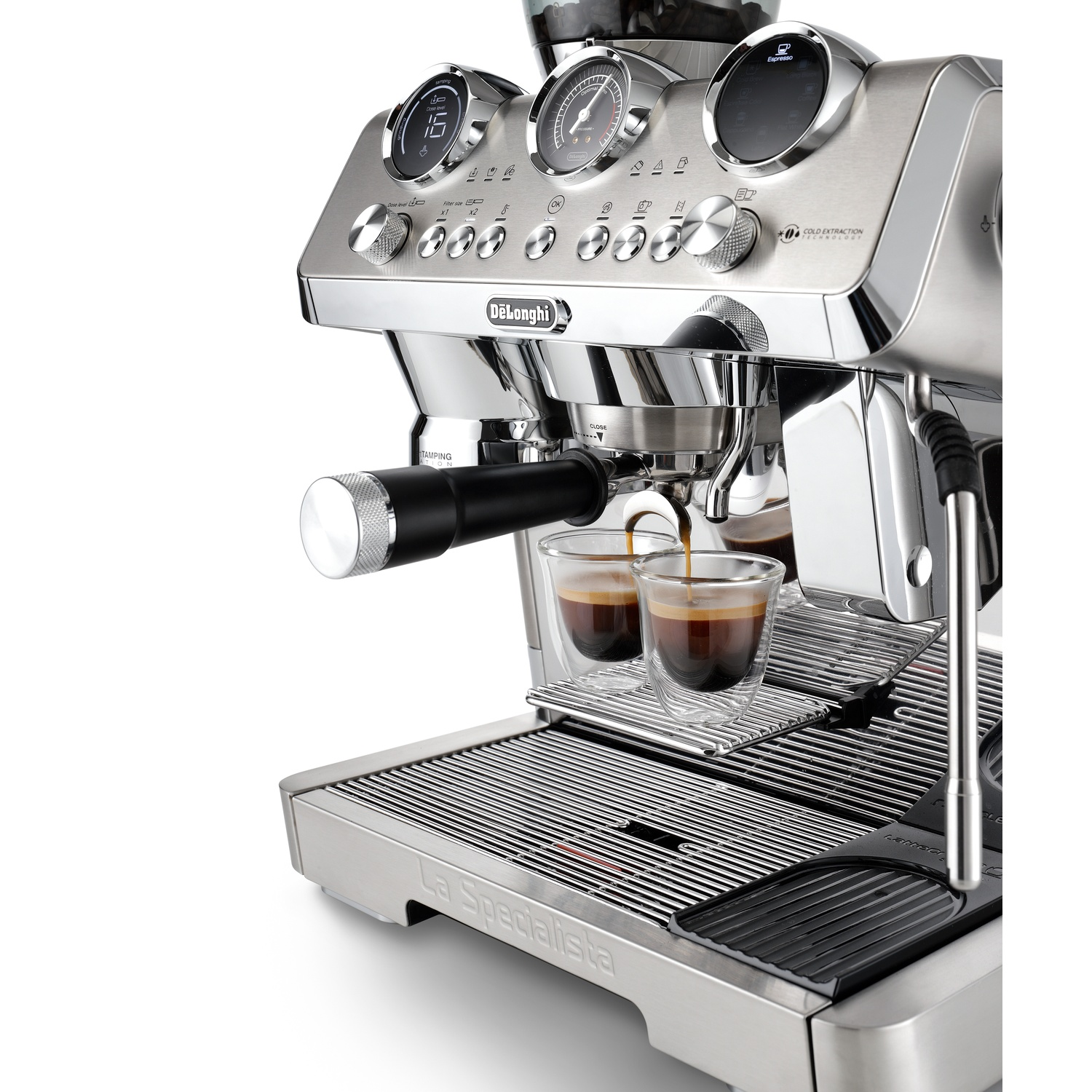 A stainless steel De'Longhi espresso machine with coffee pouring into glass cups.