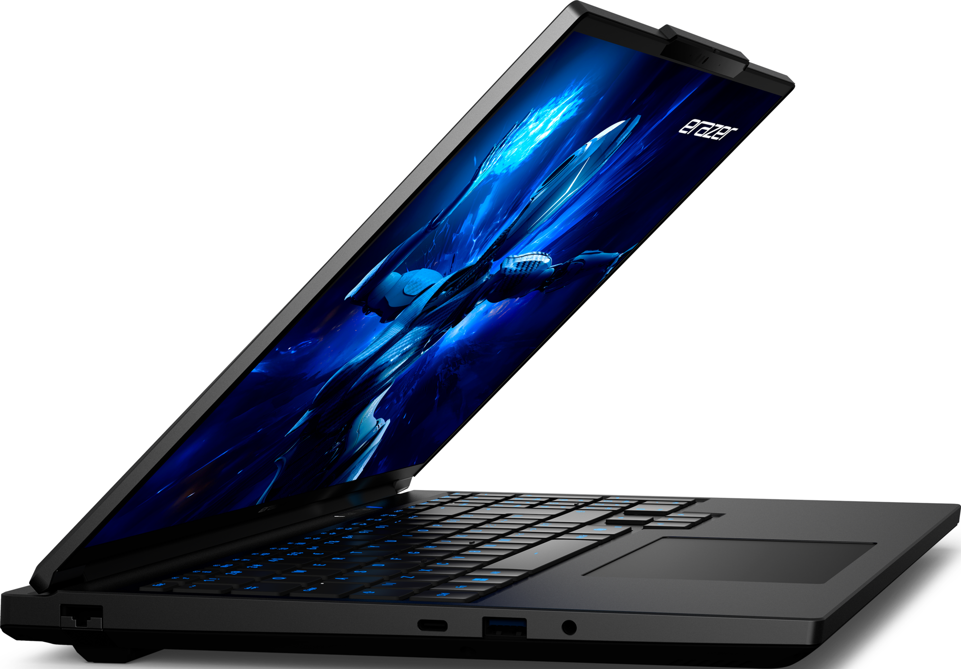 Ein schwarzer Laptop mit einem Bildschirm, der ein blaues abstraktes Design anzeigt, geöffnet auf dunkler Oberfläche.