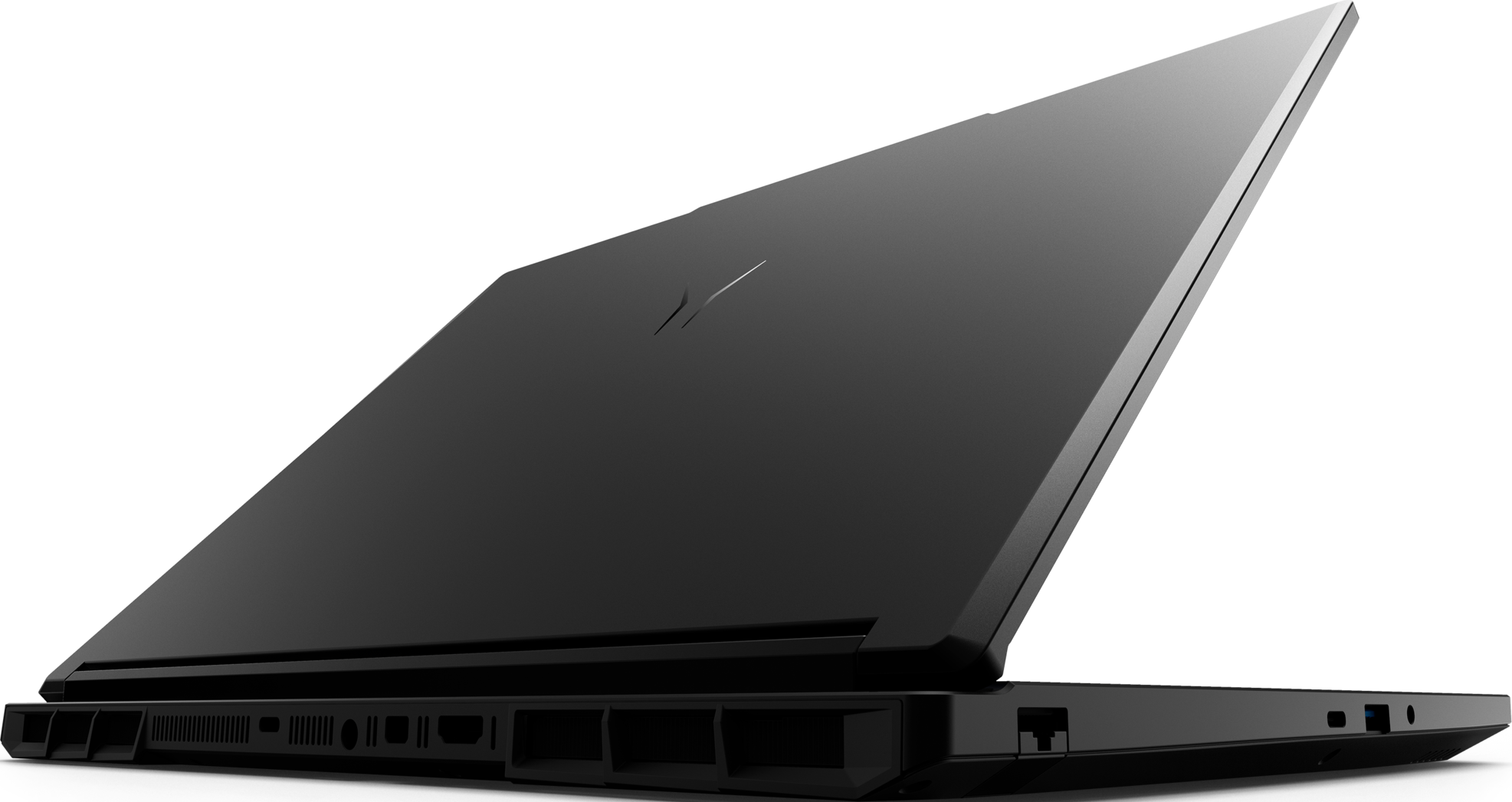 Ein schwarzer Laptop mit leicht geöffnetem Bildschirm, von der Seite betrachtet.