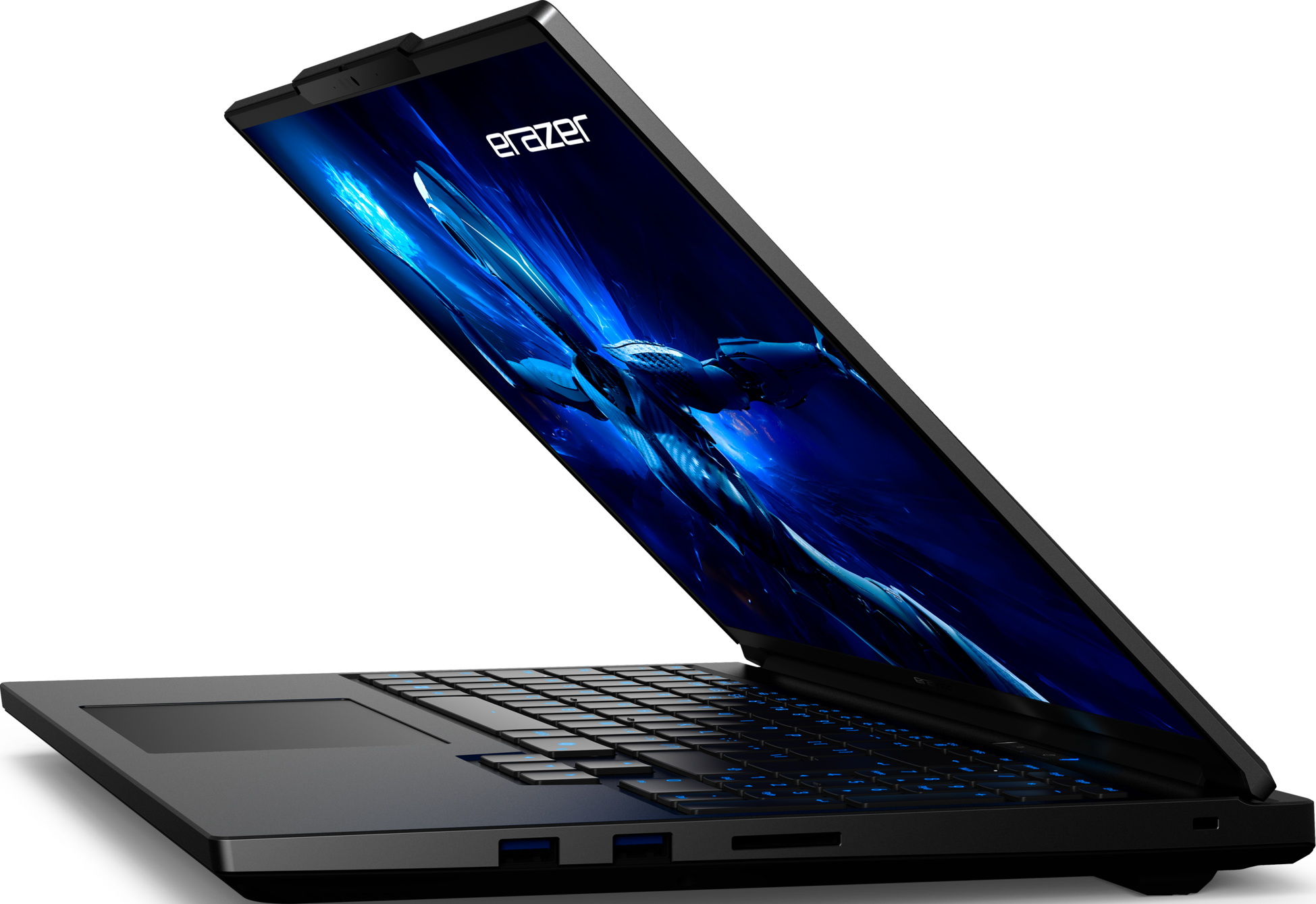 Schwarzer Laptop, geöffnet, auf weißer Oberfläche. Zeigt eine blau-thematische Grafik mit Text auf dem Bildschirm.