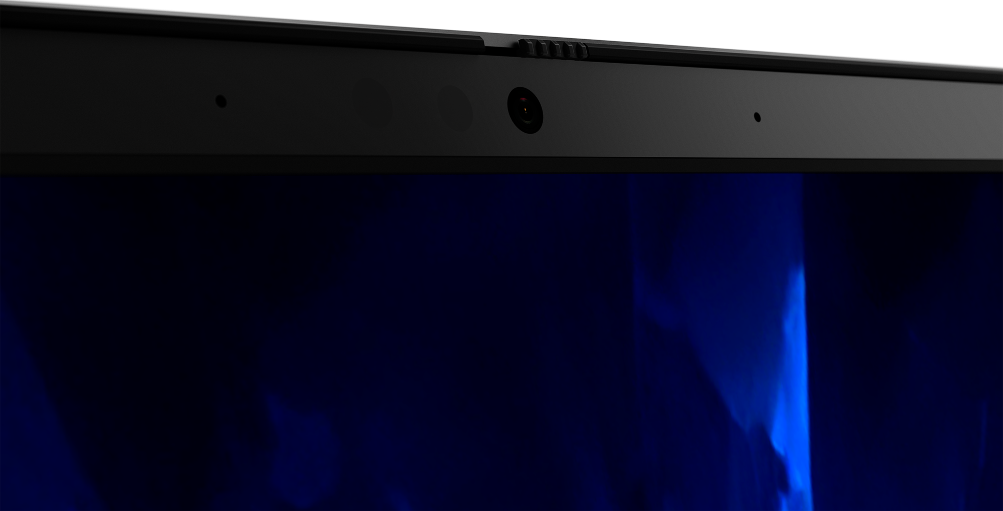 Nahaufnahme der Oberseite eines Laptops mit Webcam und Mikrofon-Array.