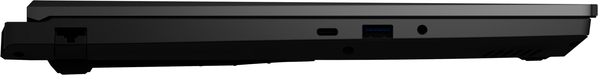 Seitenansicht eines schwarzen Laptops mit Anschlüssen: Ethernet, USB, Laden.