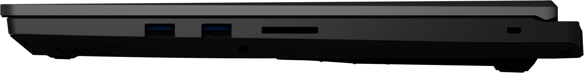 Seitenansicht eines schwarzen Laptops mit sichtbaren Anschlüssen.