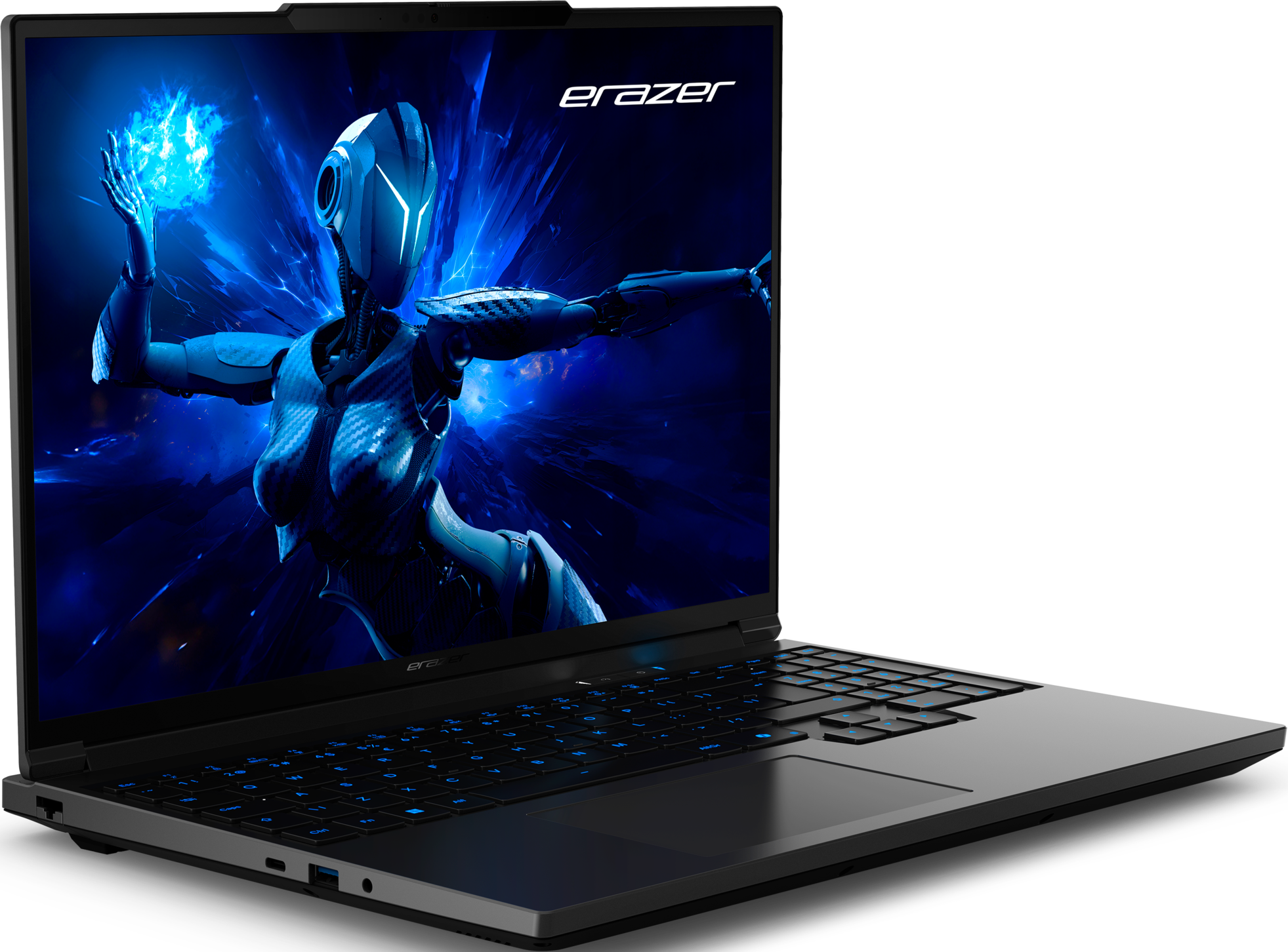 Un laptop nero che mostra un'immagine futuristica di un cyborg in un ambiente blu.