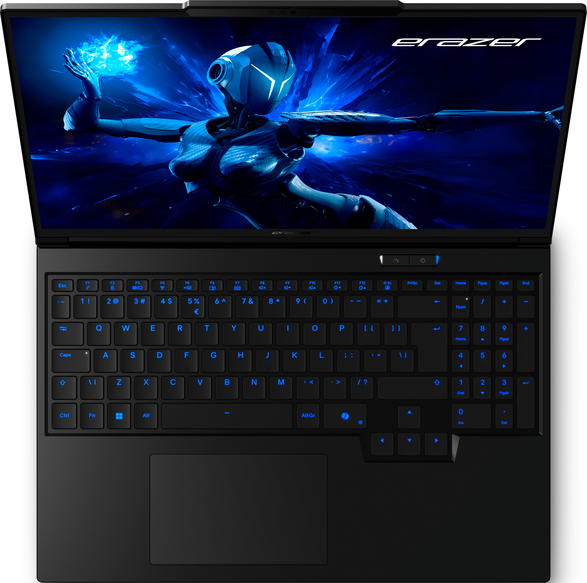 Laptop nero con schermo che mostra un'immagine futuristica. La tastiera è visibile.