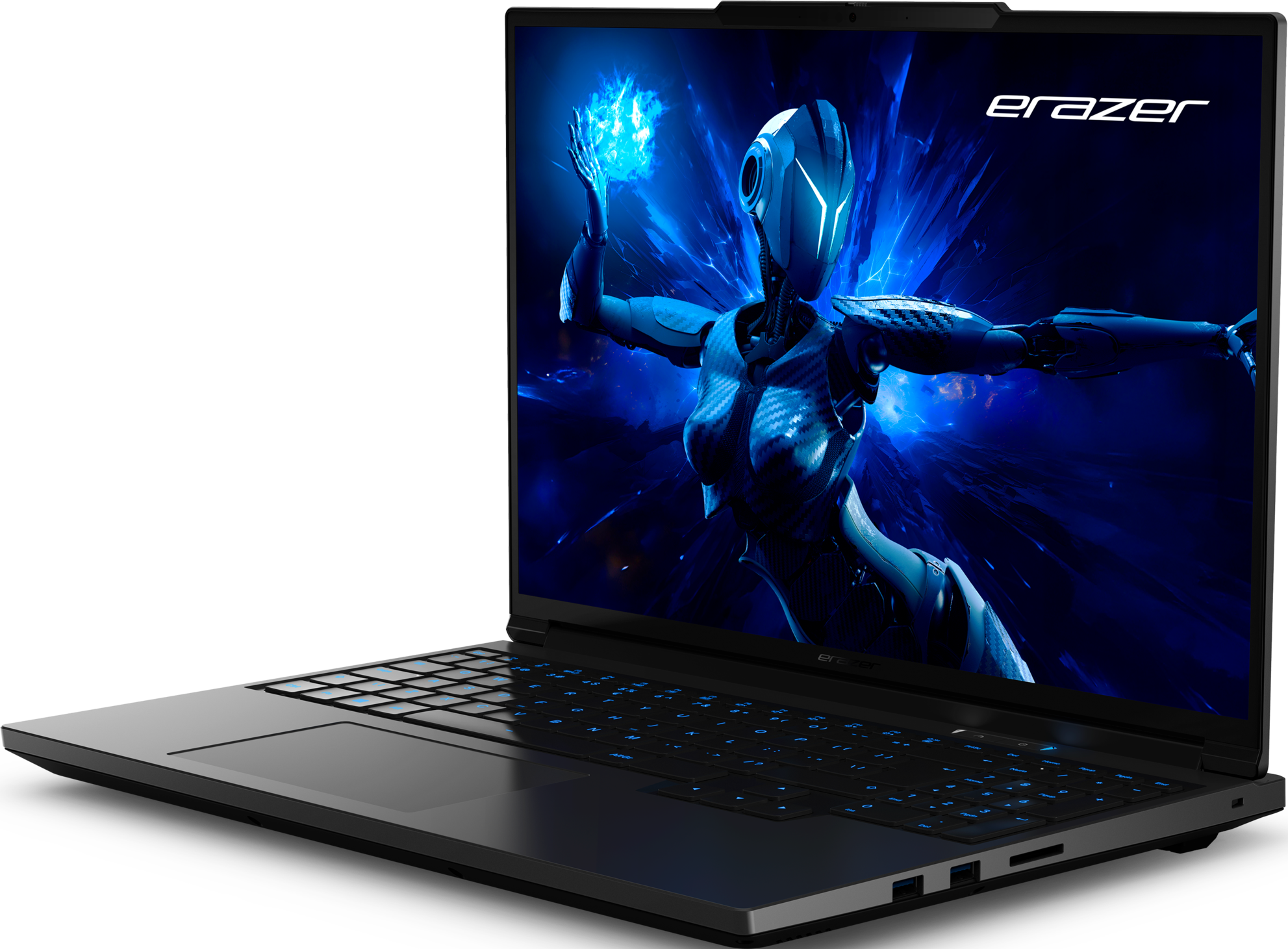 Un laptop con un tema futuristico. Una persona con energia blu è sullo schermo.