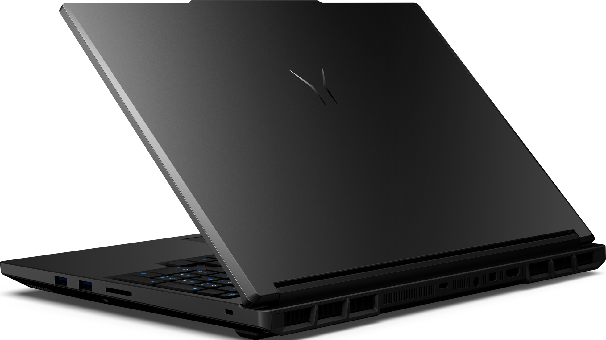 Laptop nero. Lo schermo è aperto, la tastiera è visibile e il retro del laptop è mostrato.