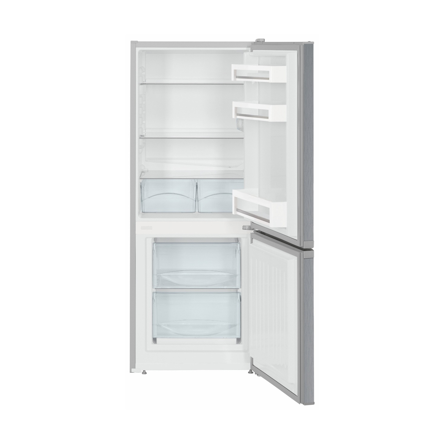 Frigorifero con porte aperte, interno vuoto, che mostra ripiani e cassetti.