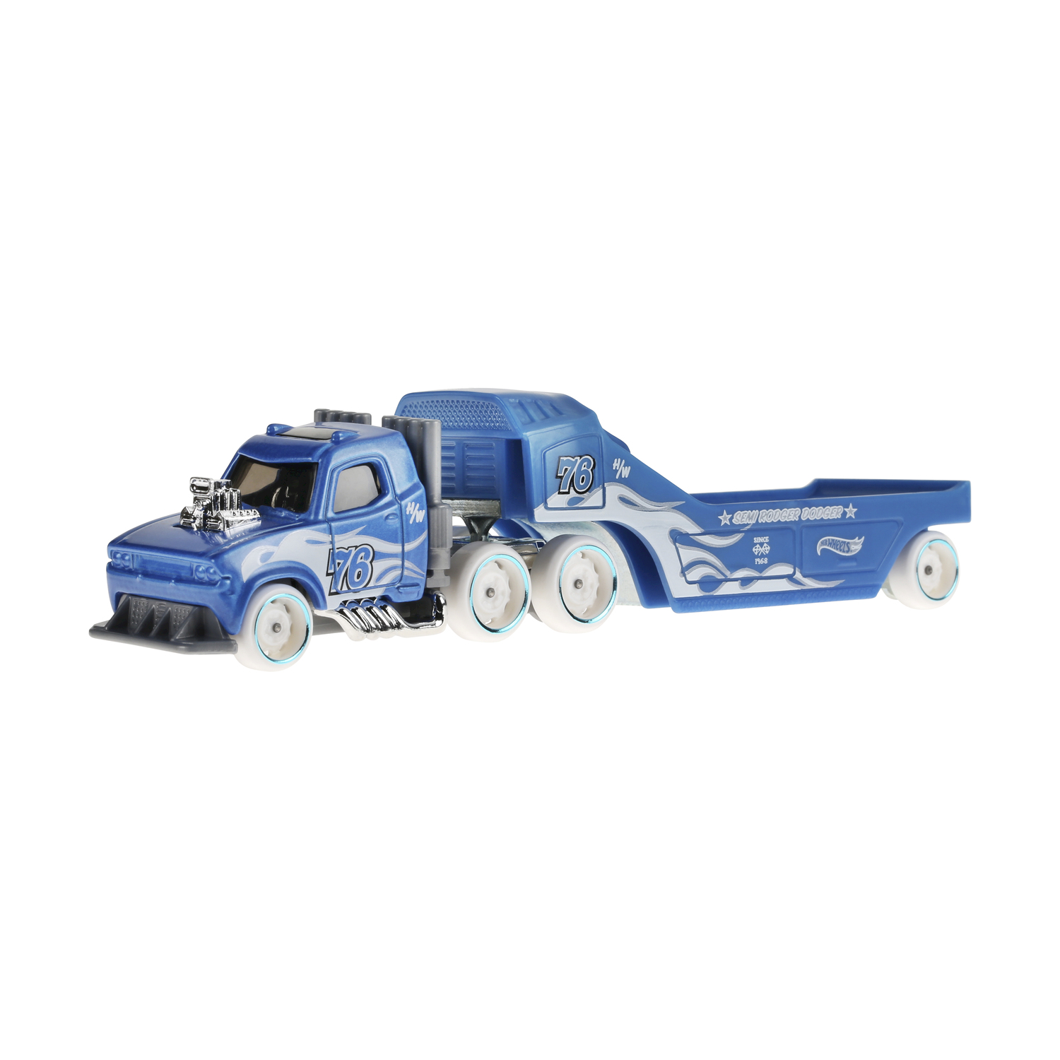 Autocarro giocattolo con rimorchio. Colore blu con dettagli bianchi e il numero 76.